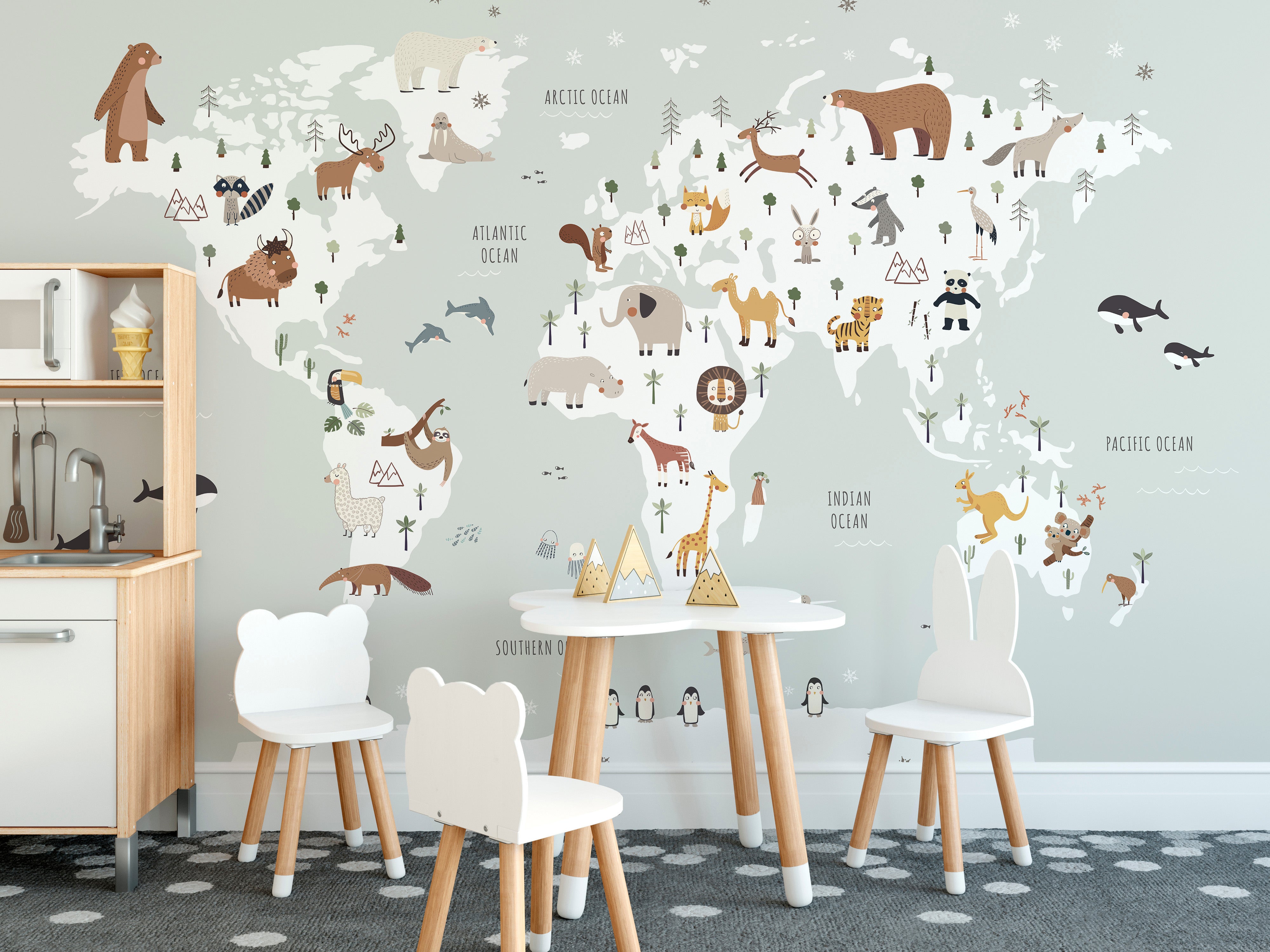 Adorable animal map mural for nursery decor
