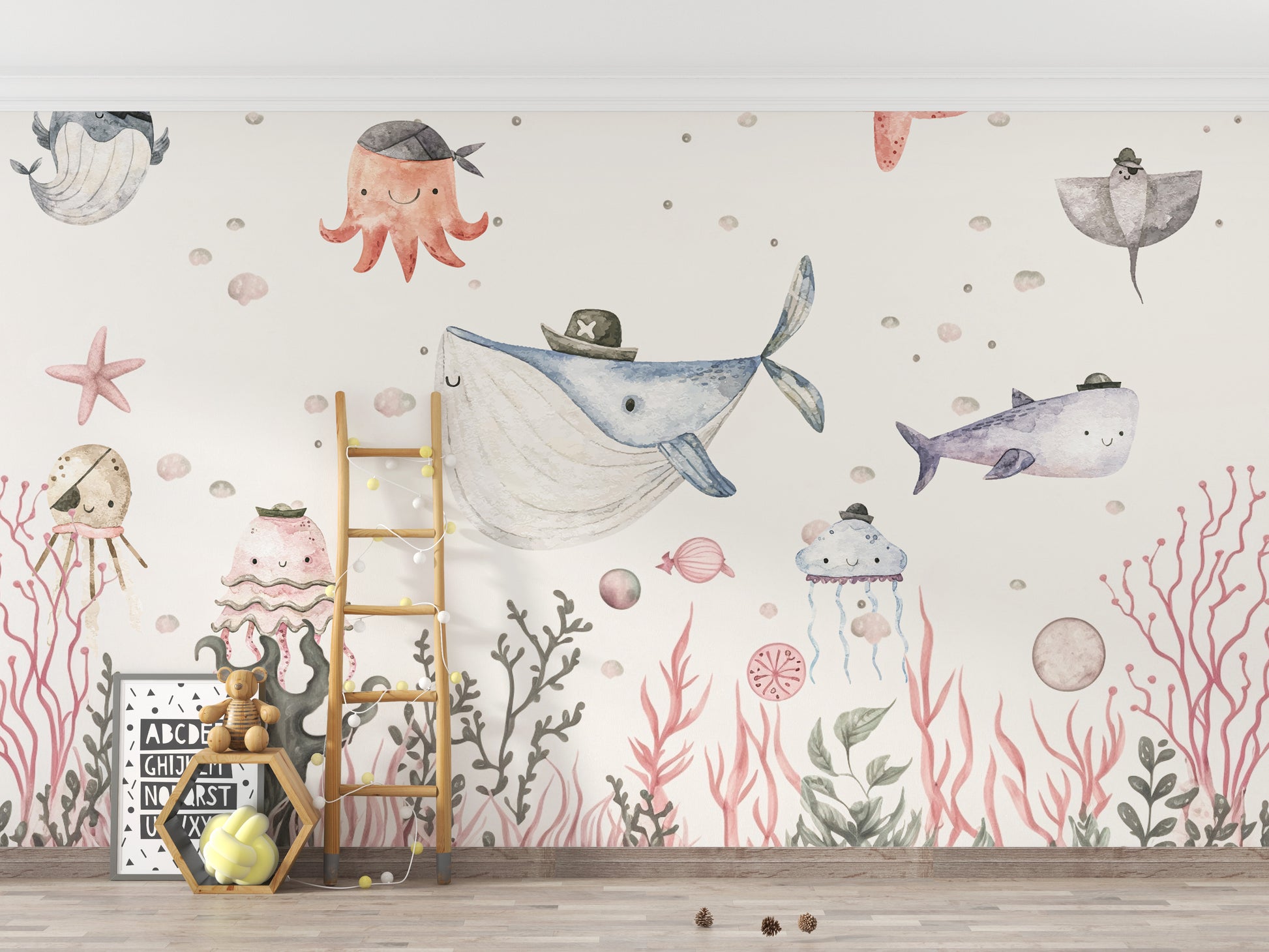 Maritime aquarium mural for playful underwater decor