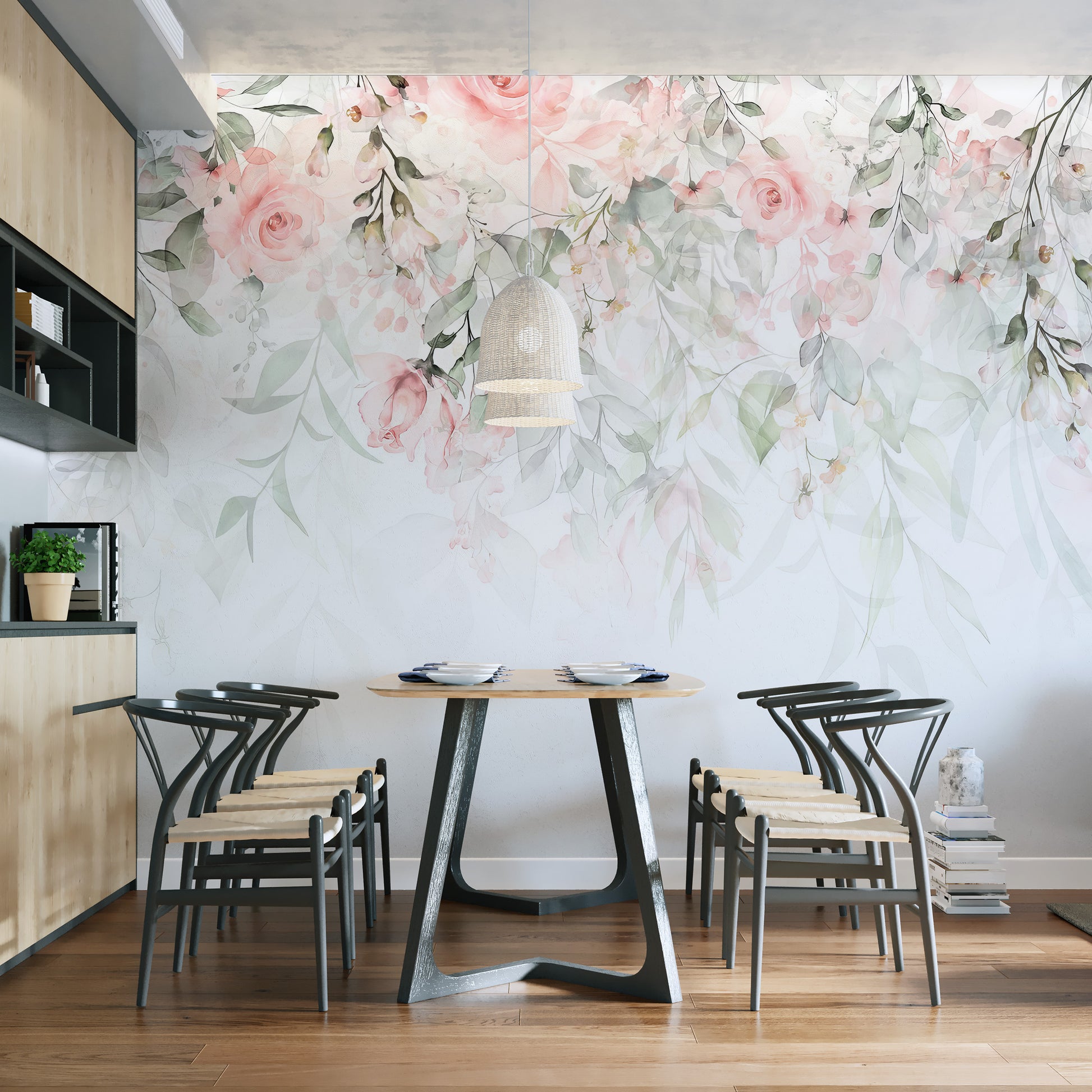 Soft Floral Mural for elegant dining Walls
