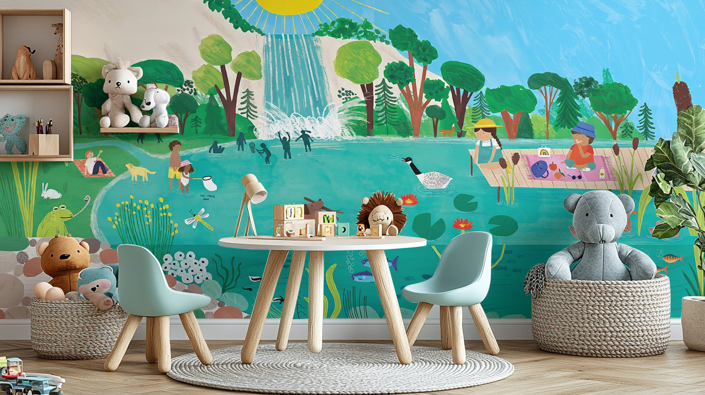 Colorful lakeside wallpaper for nursery play zones