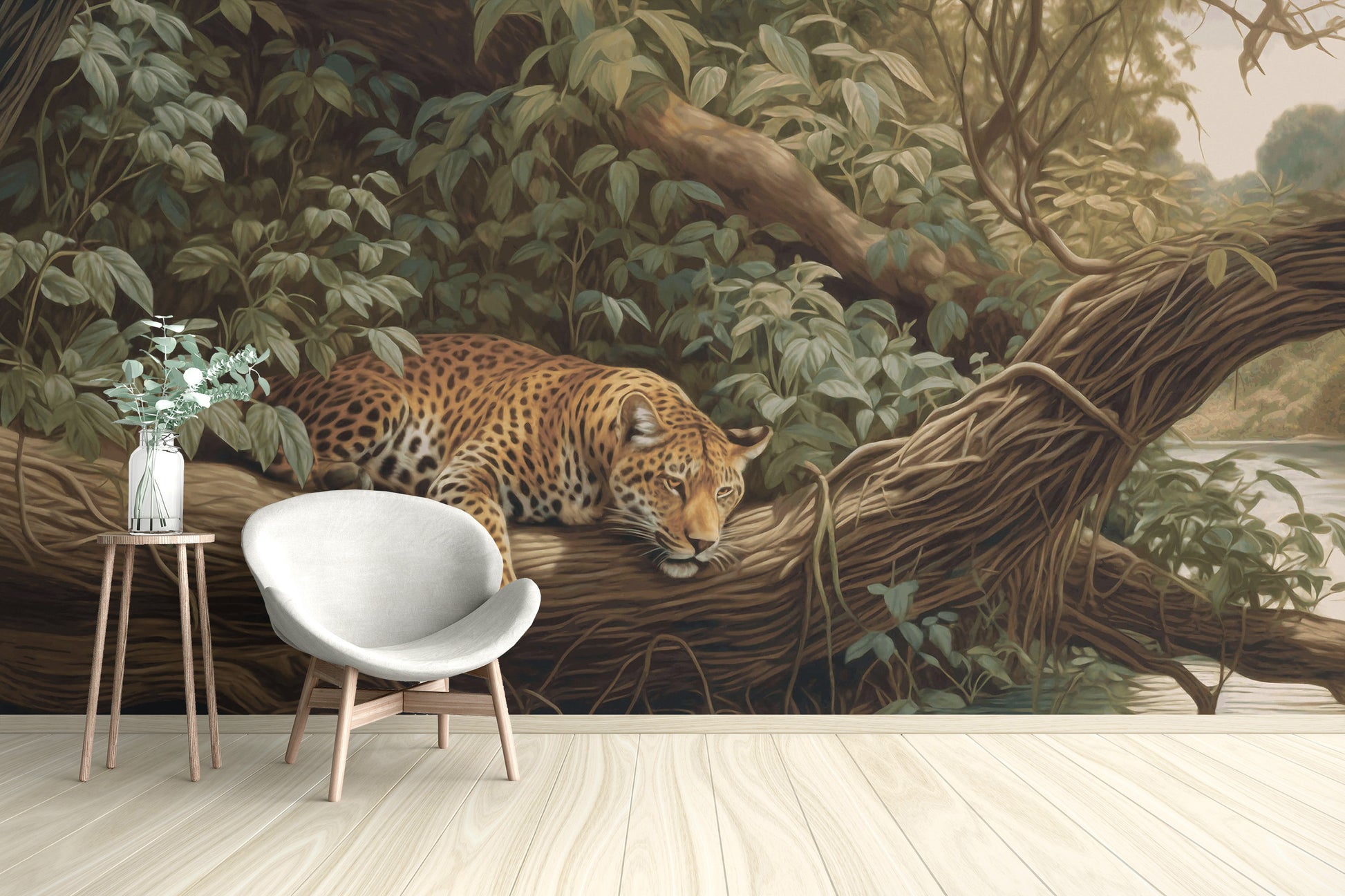 Serene jungle wallpaper with a leopard motif
