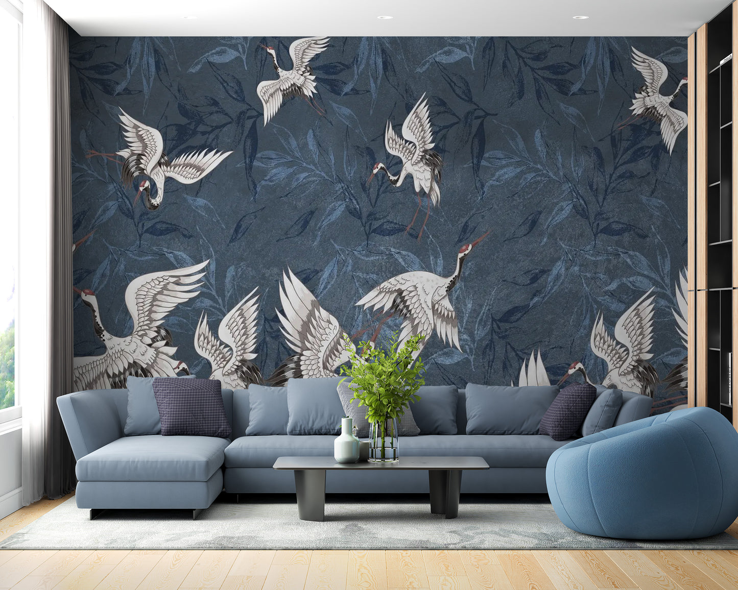 Abstract cranes and grunge wallpaper decor