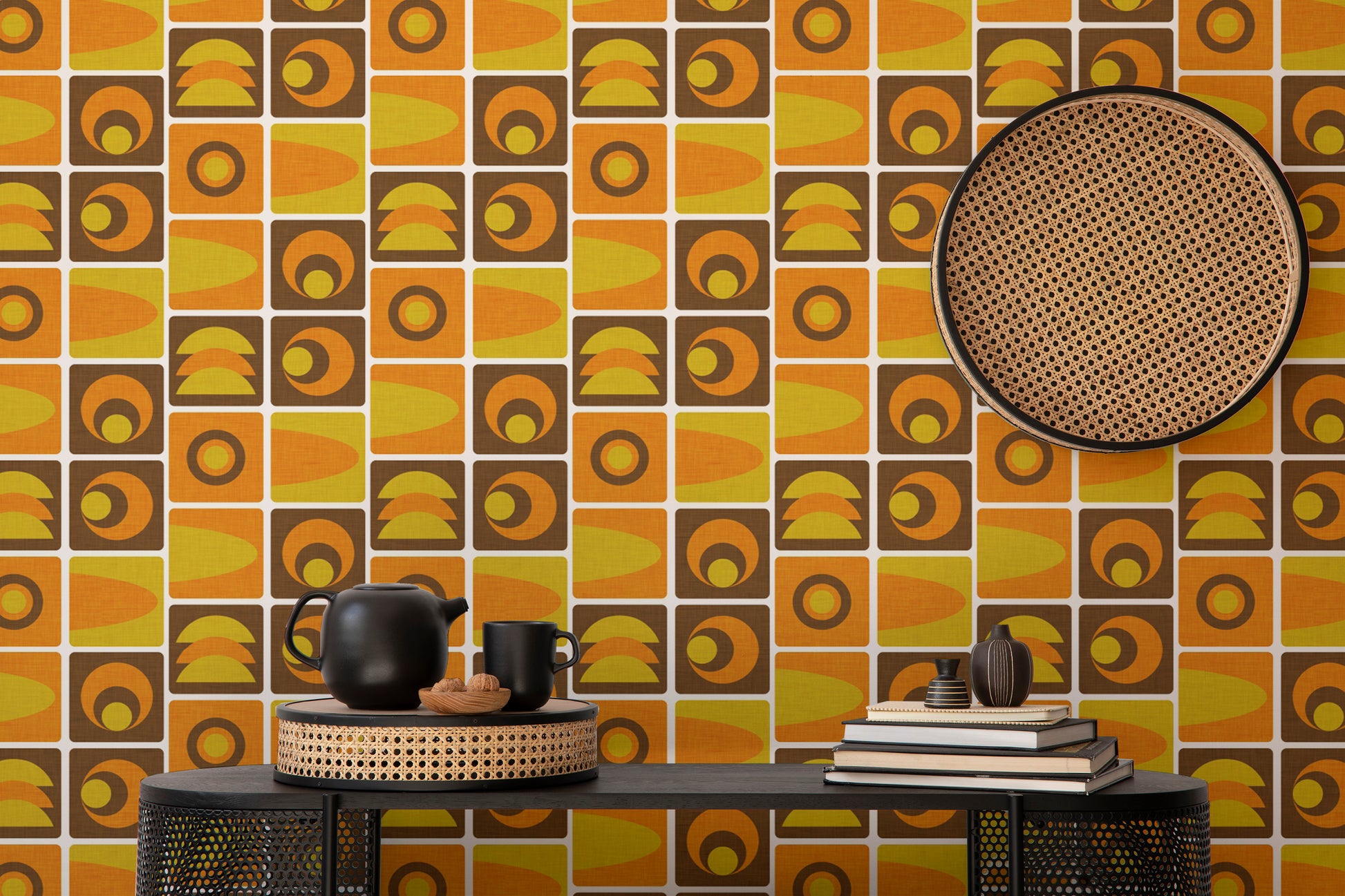 Bold 70s Cube Geo Brown Wallpaper pattern