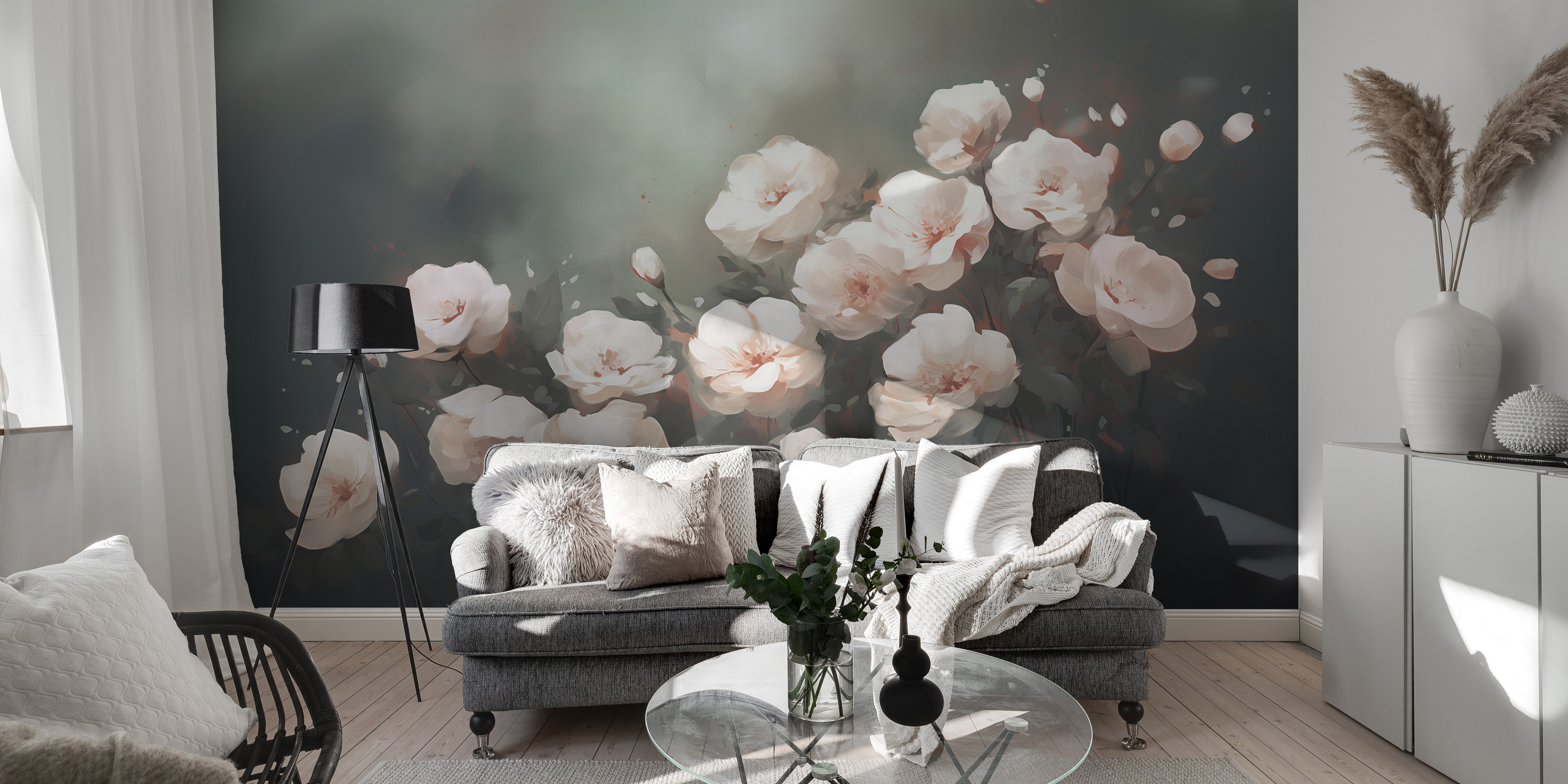 Floating white roses wallpaper murals for a fresh, nature-inspired decor.