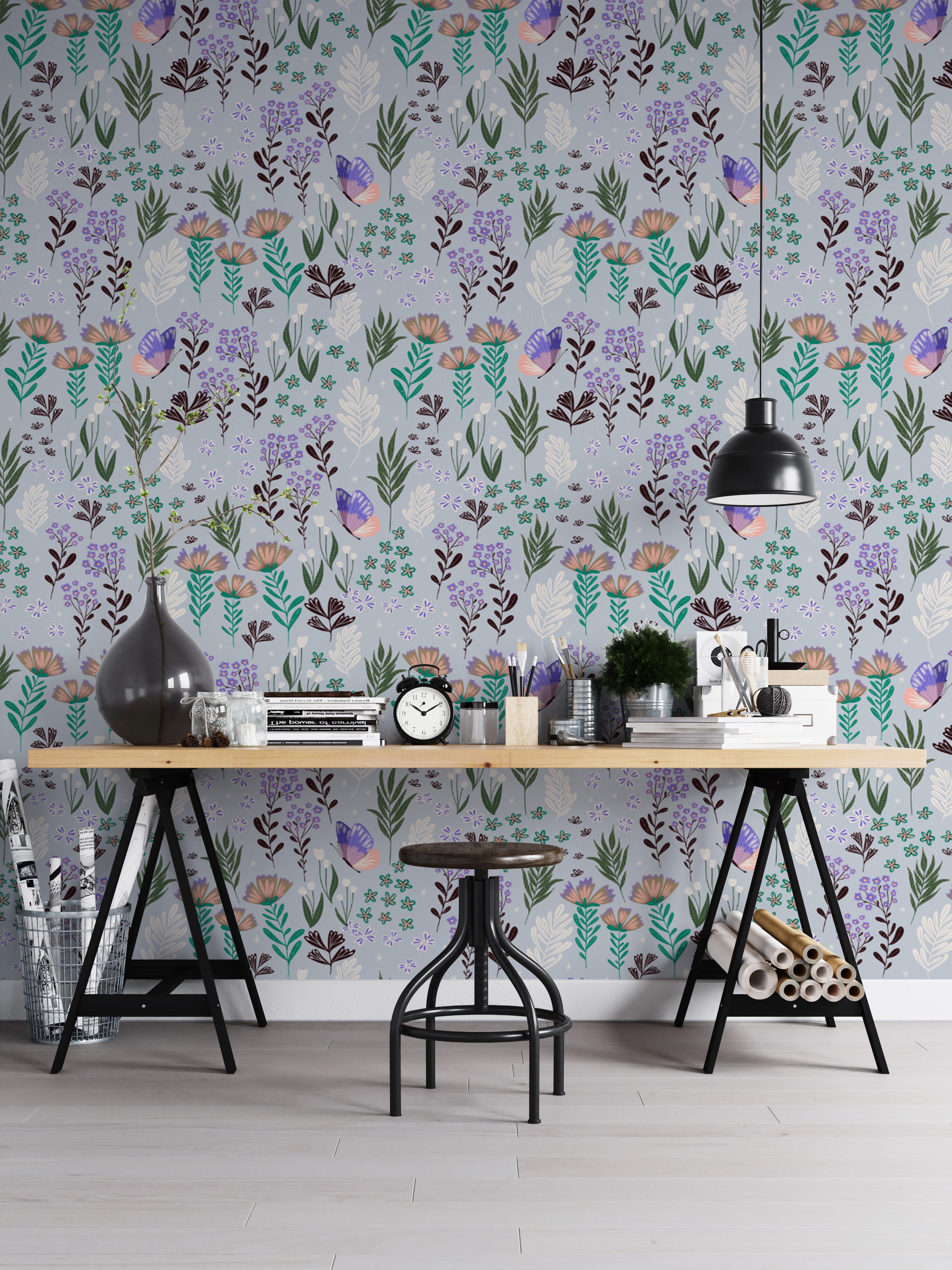 Enchanting butterfly meadow purple wallpaper with soft tones.
