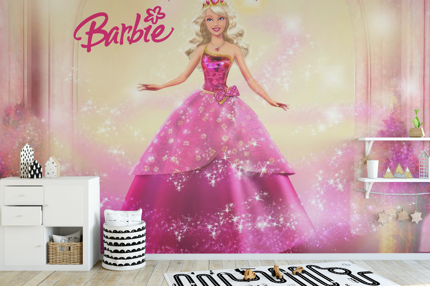 Barbie wallpaper mural featuring her iconic pink dress
