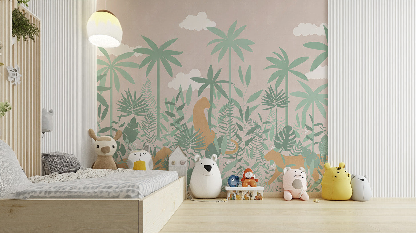 Nursery jungle mural with wildcats
