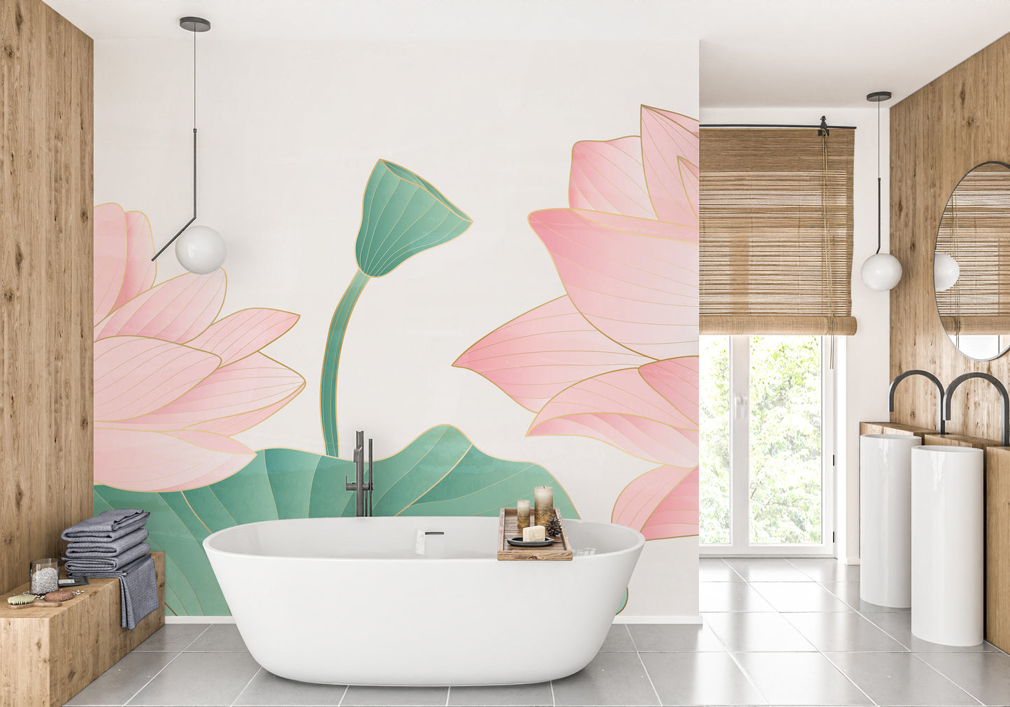 Large Golden & Pink Lotus Wallpaper Murals