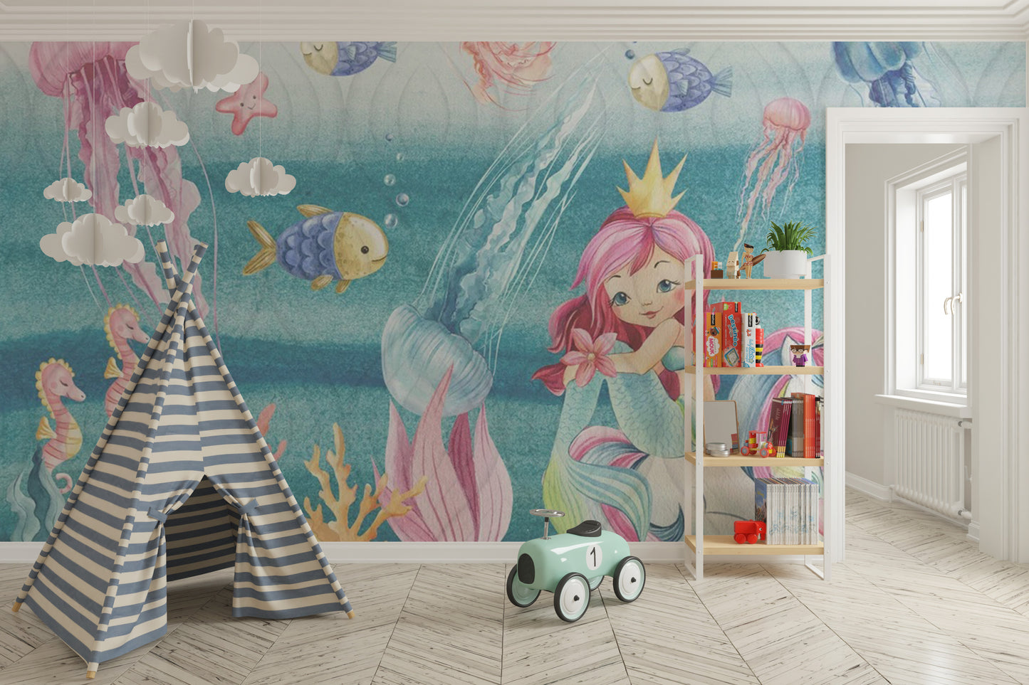 Playful mermaid nursery wallpaper for decor
