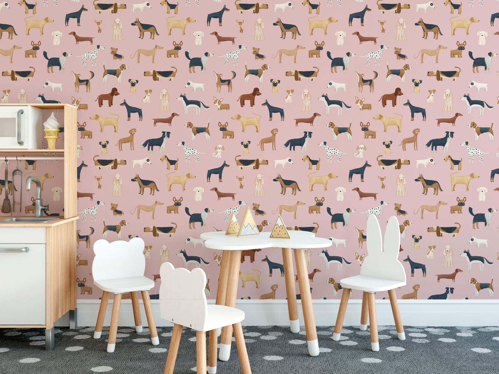 Charming pink wallpaper with dog motifs
