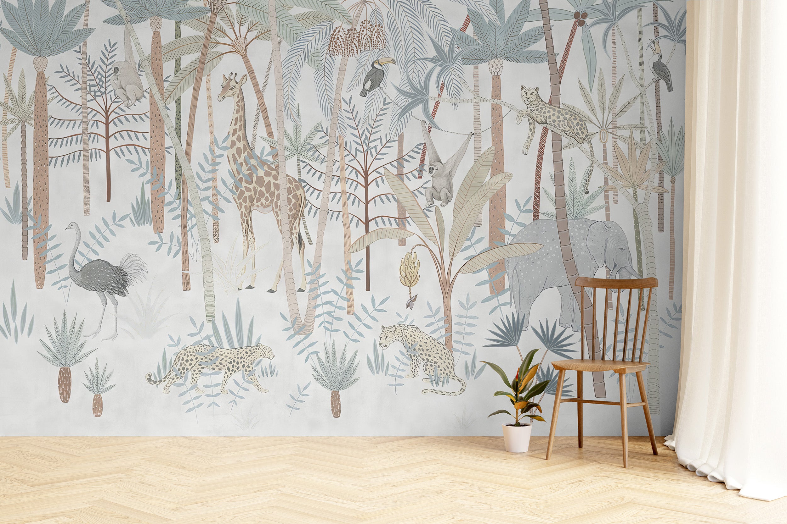 Gentle tropical fauna wallpaper for nurseries