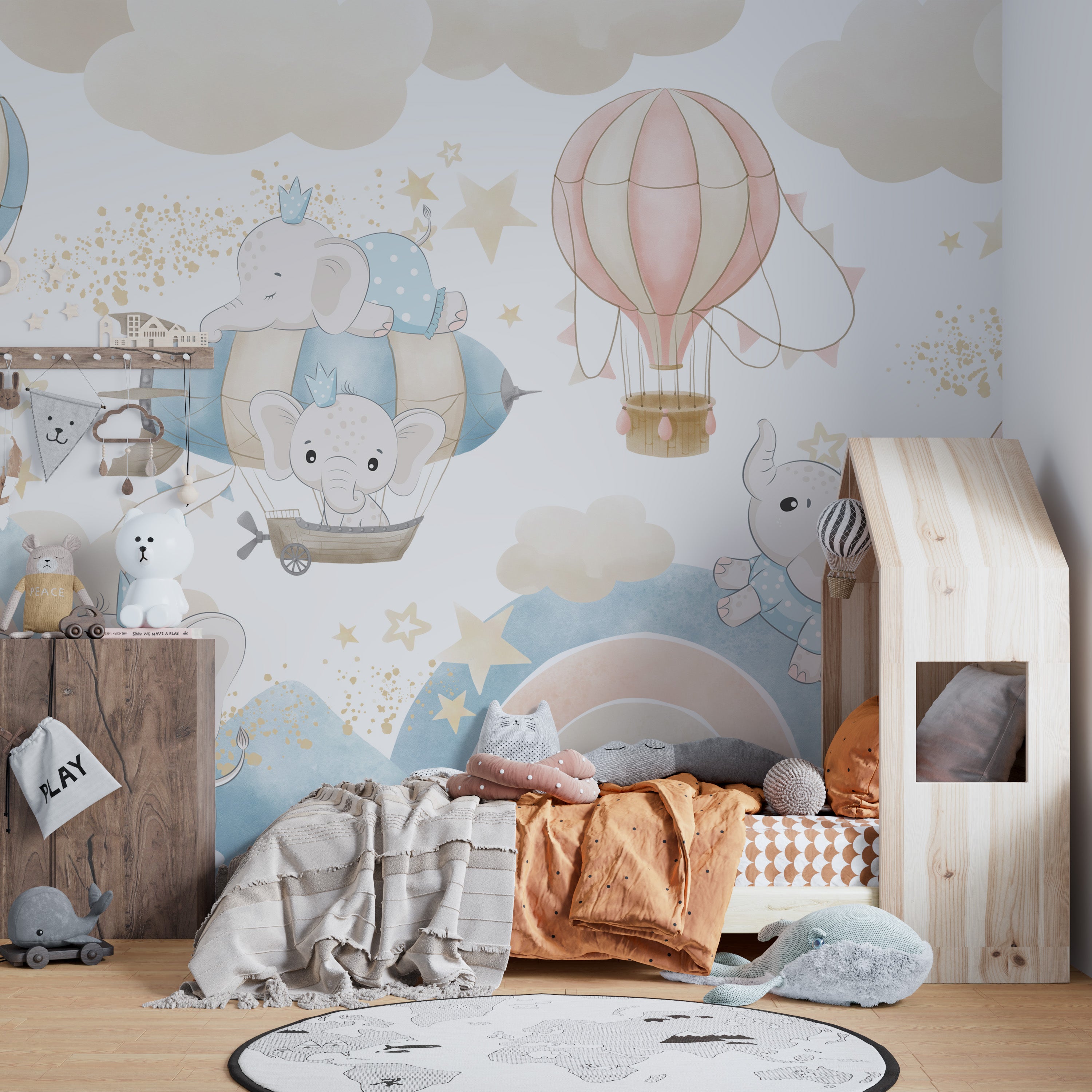 Baby Elephant Sky Adventure Mural with playful charm