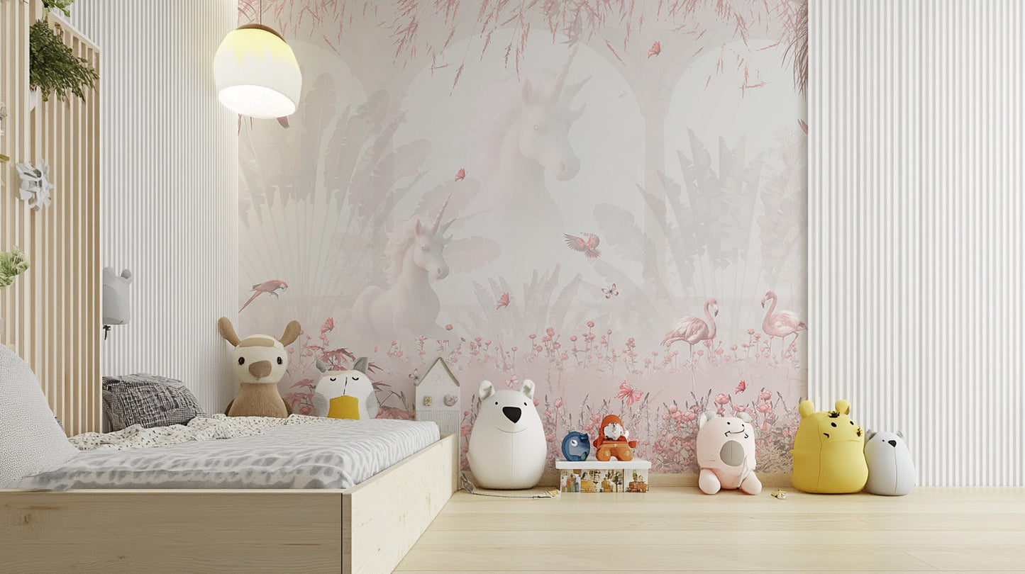 Serenity Blush Forest wallpaper for kids' room with pink hues