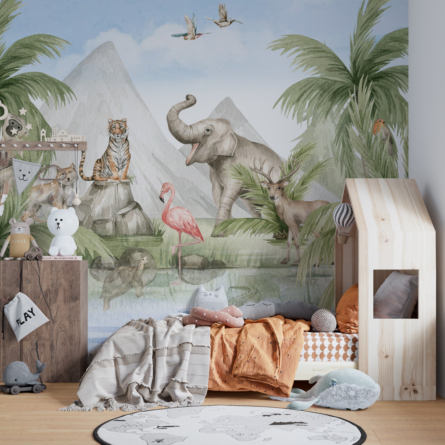 Vivid wildlife in a tropical forest wallpaper mural