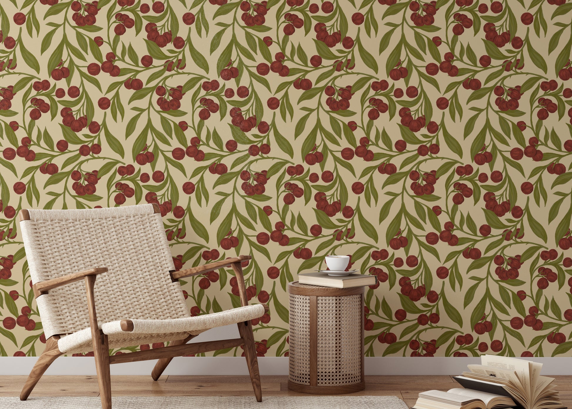 Rustic red autumn berries wallpaper for inviting interiors.
