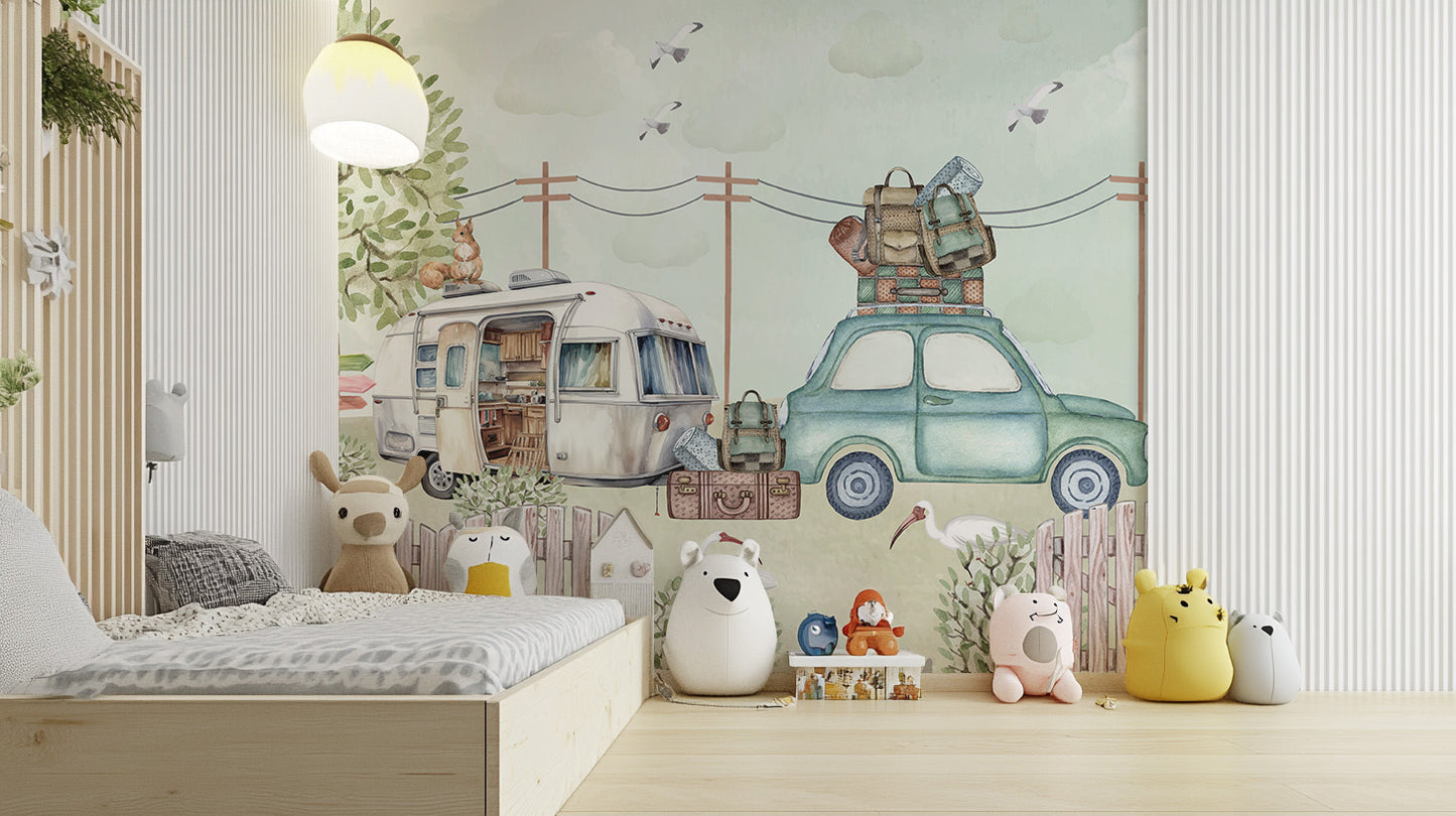 Playful nursery room wallpaper: caravanning art