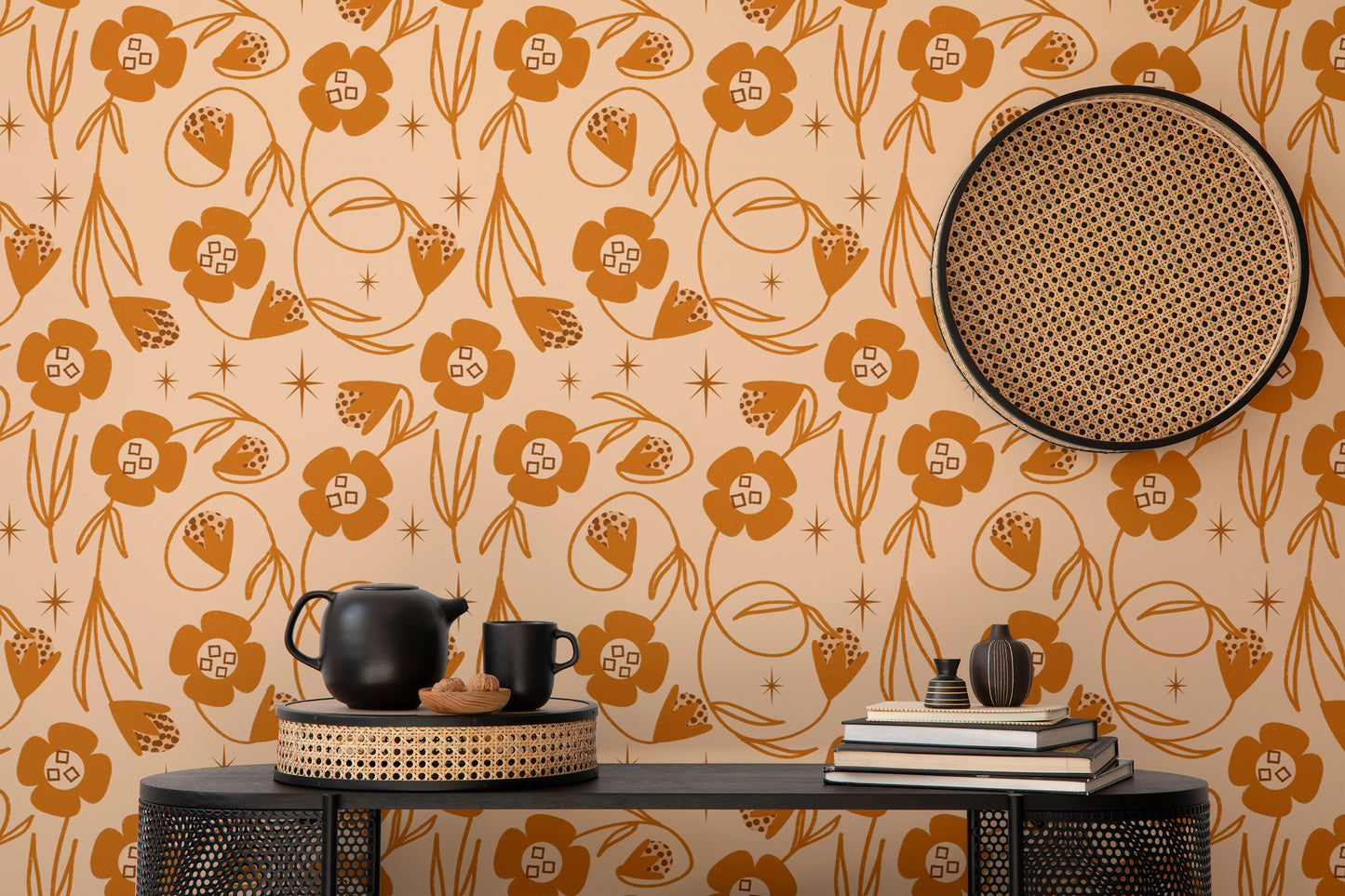 Floral mural in soft peach and orange hues
