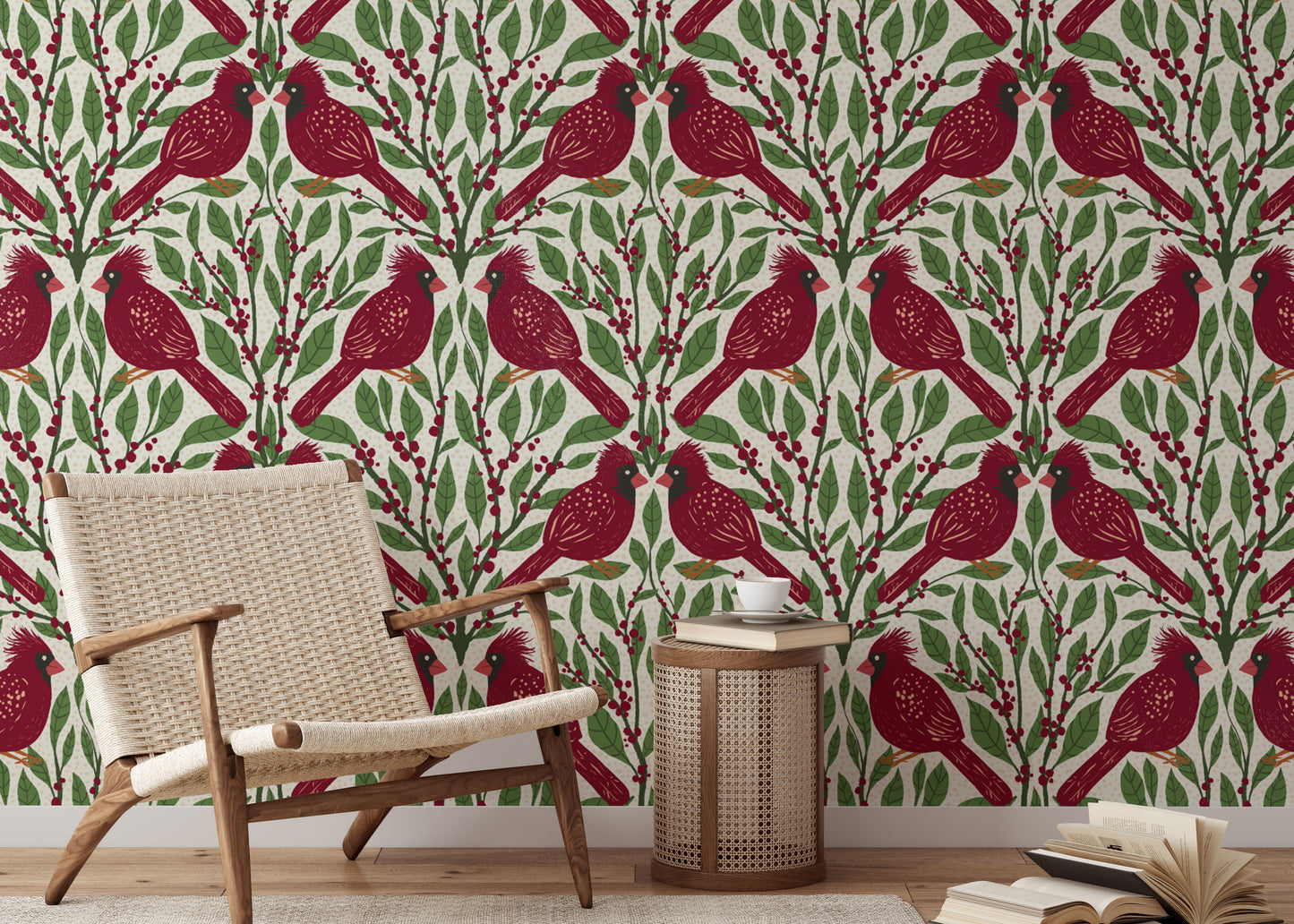 Nature-themed cardinal wallpaper in rich burgundy tones.
