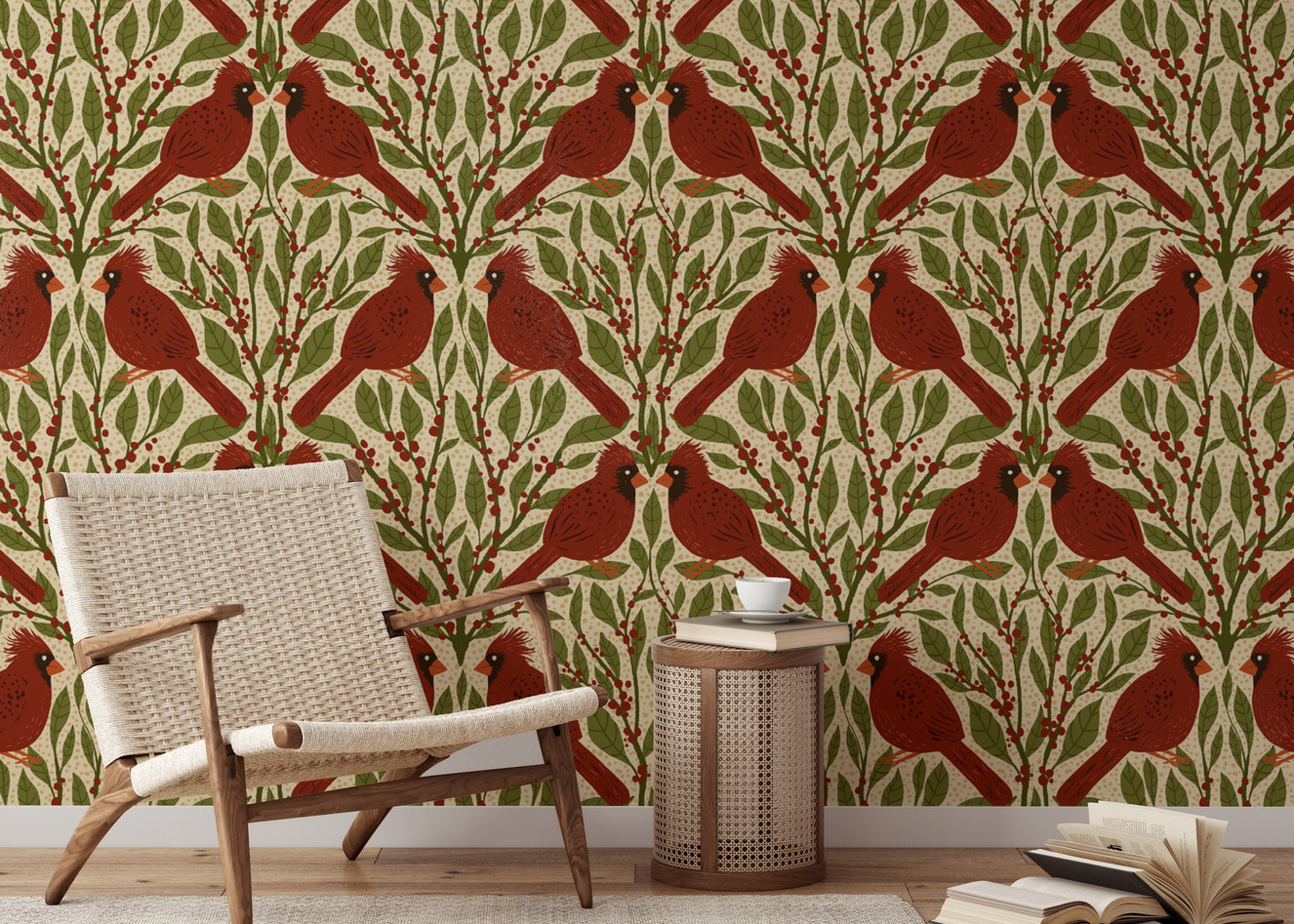 Timeless red cardinals mural wallpaper for nature-inspired walls.
