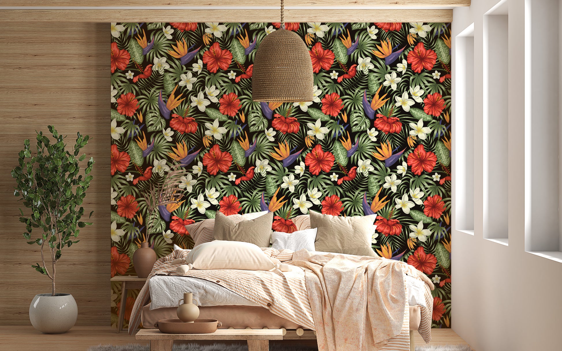 Tropical mural with birds of paradise blooms
