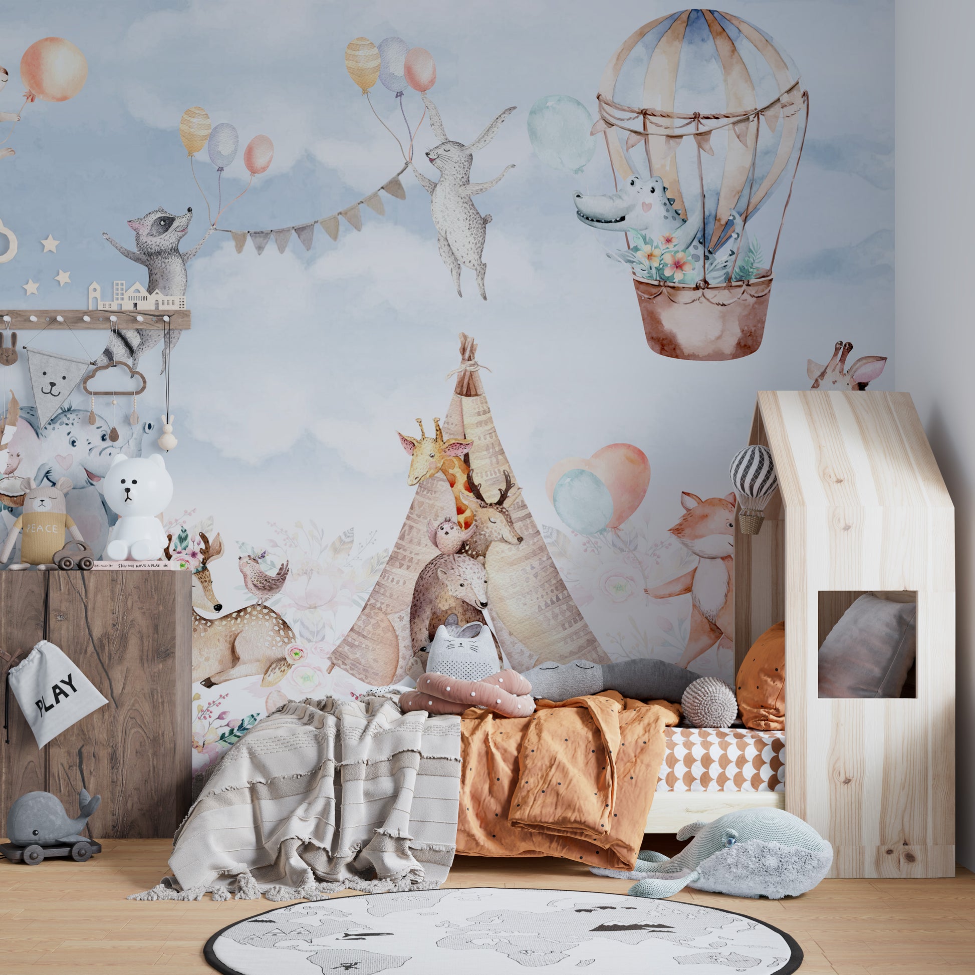 Beautiful balloons wallpaper mural with a spring valley view.
