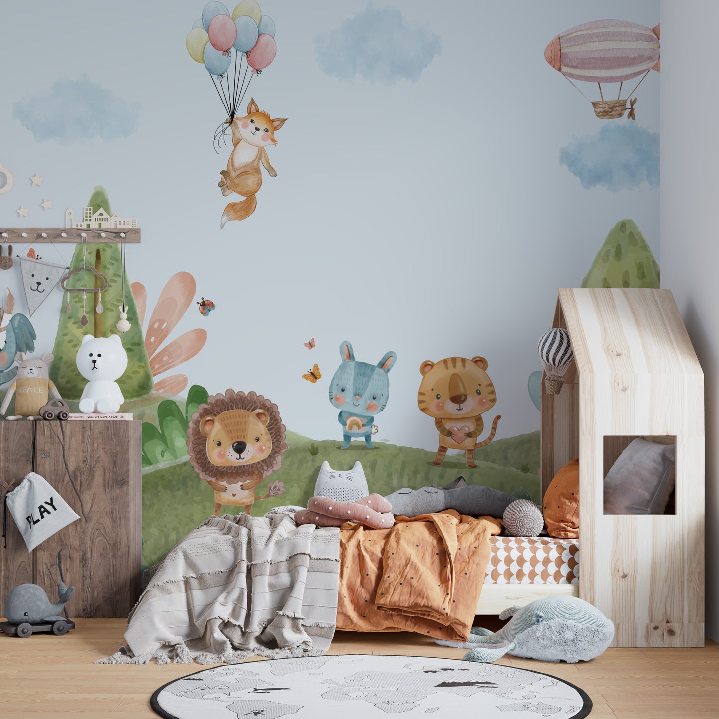 Jungle critters wallpaper mural with cheerful animal designs.
