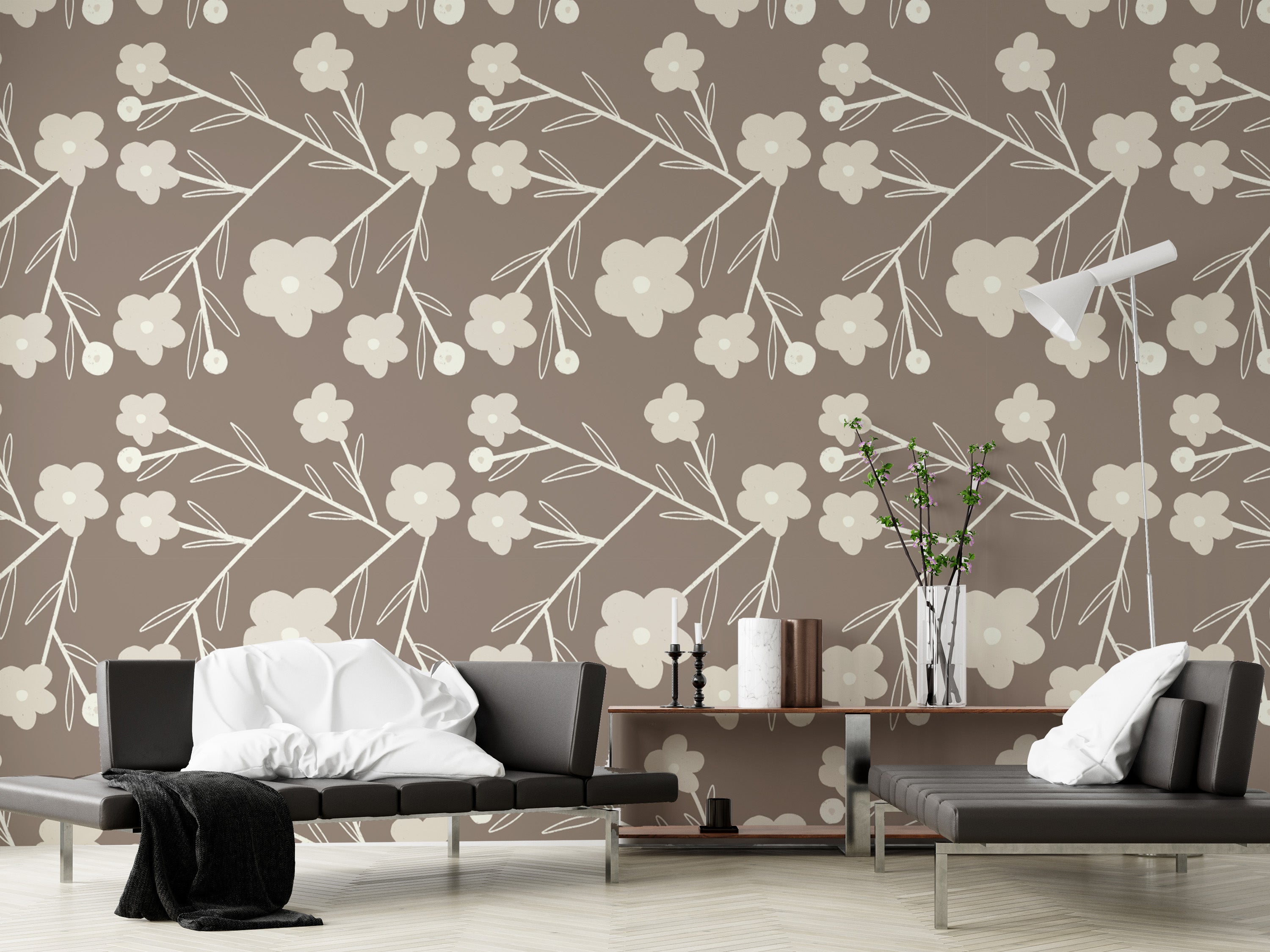 Contemporary Modern Flower Buds Bush Grey Wallpaper
