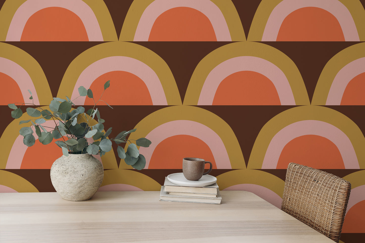 Boho-style retro mural in earthy tones
