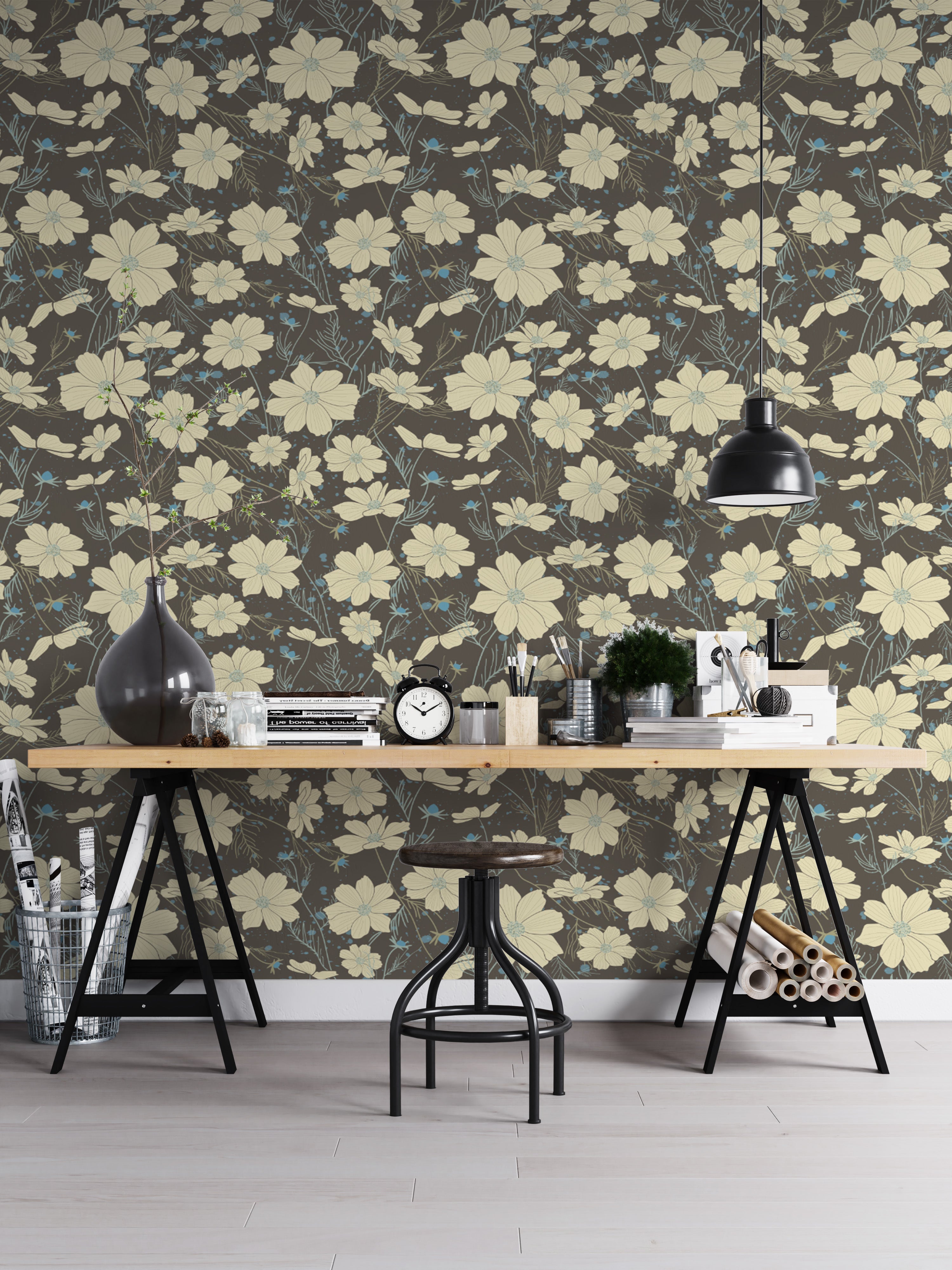 Subtle gray wallpaper with delicate cosmos flower accents.
