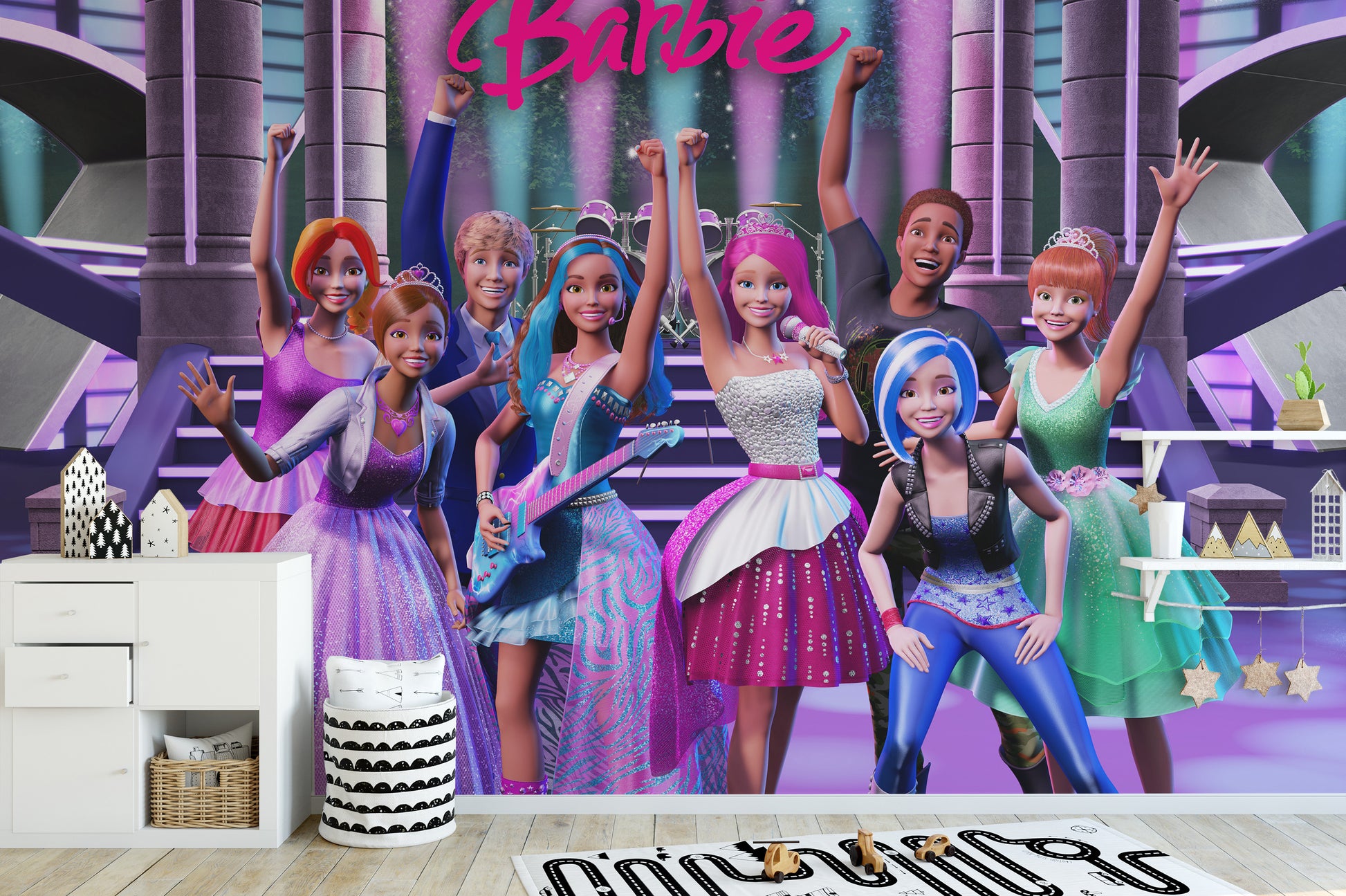 Vibrant mural showcasing Barbie in a rockstar princess theme
