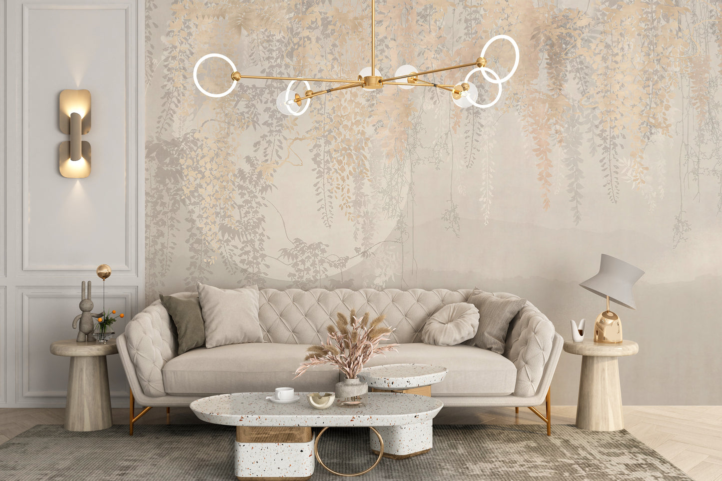 Golden and Grey Hanging Leaves Wallpaper Murals - Giffywalls