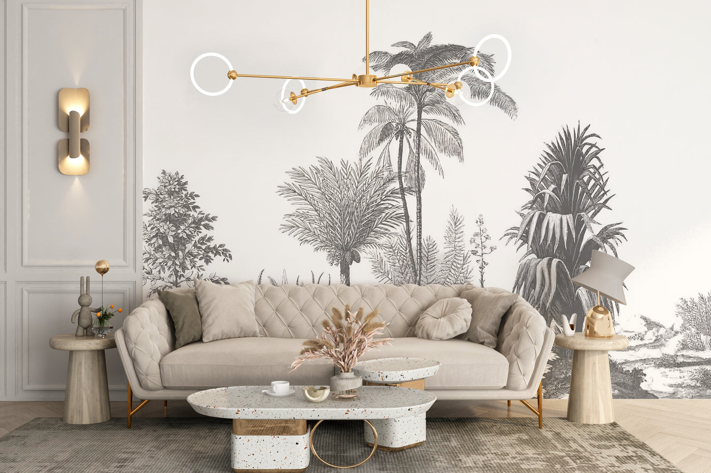 Artistic tropical wall mural in gray tones
