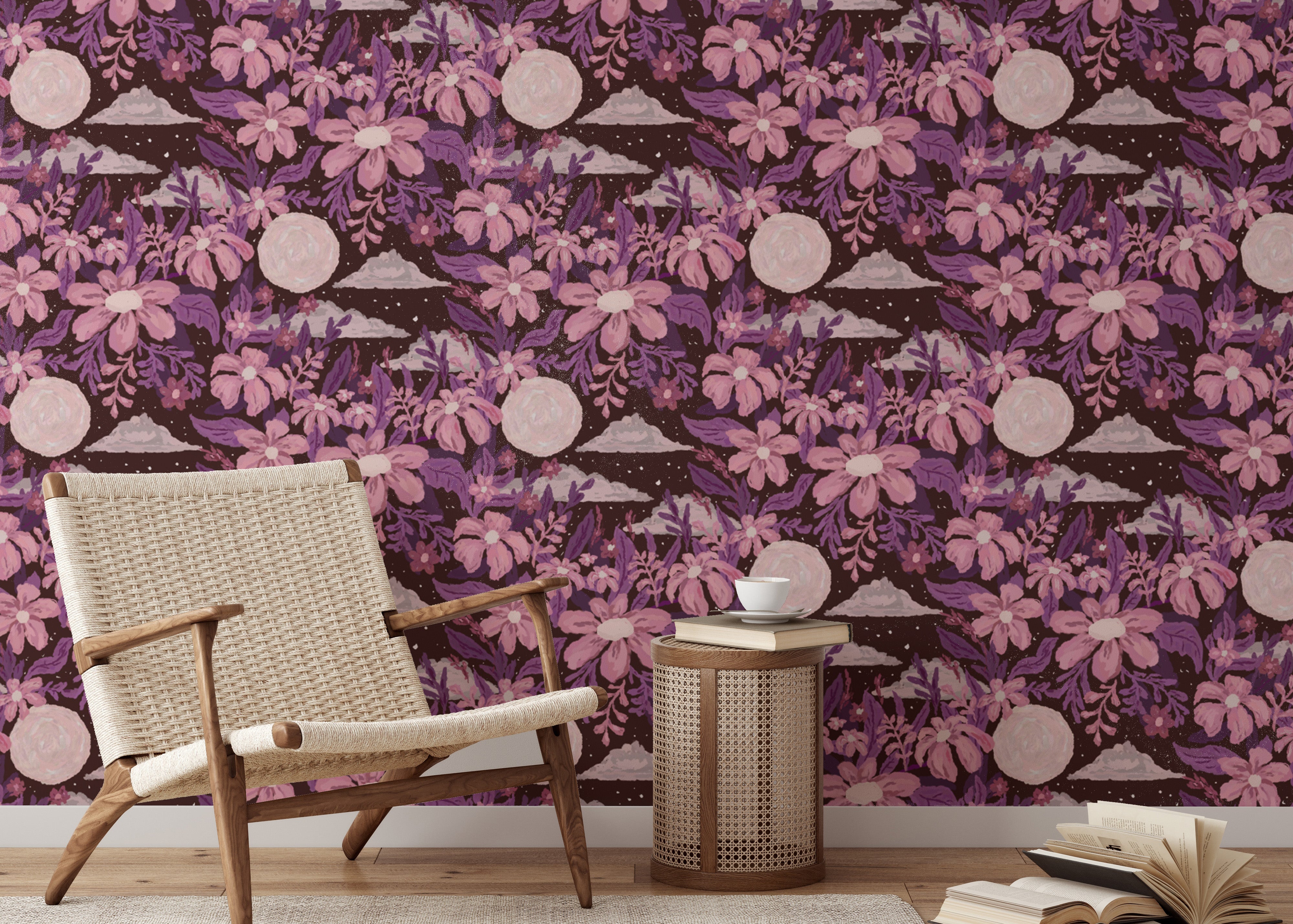 Dreamy garden wall murals in purple