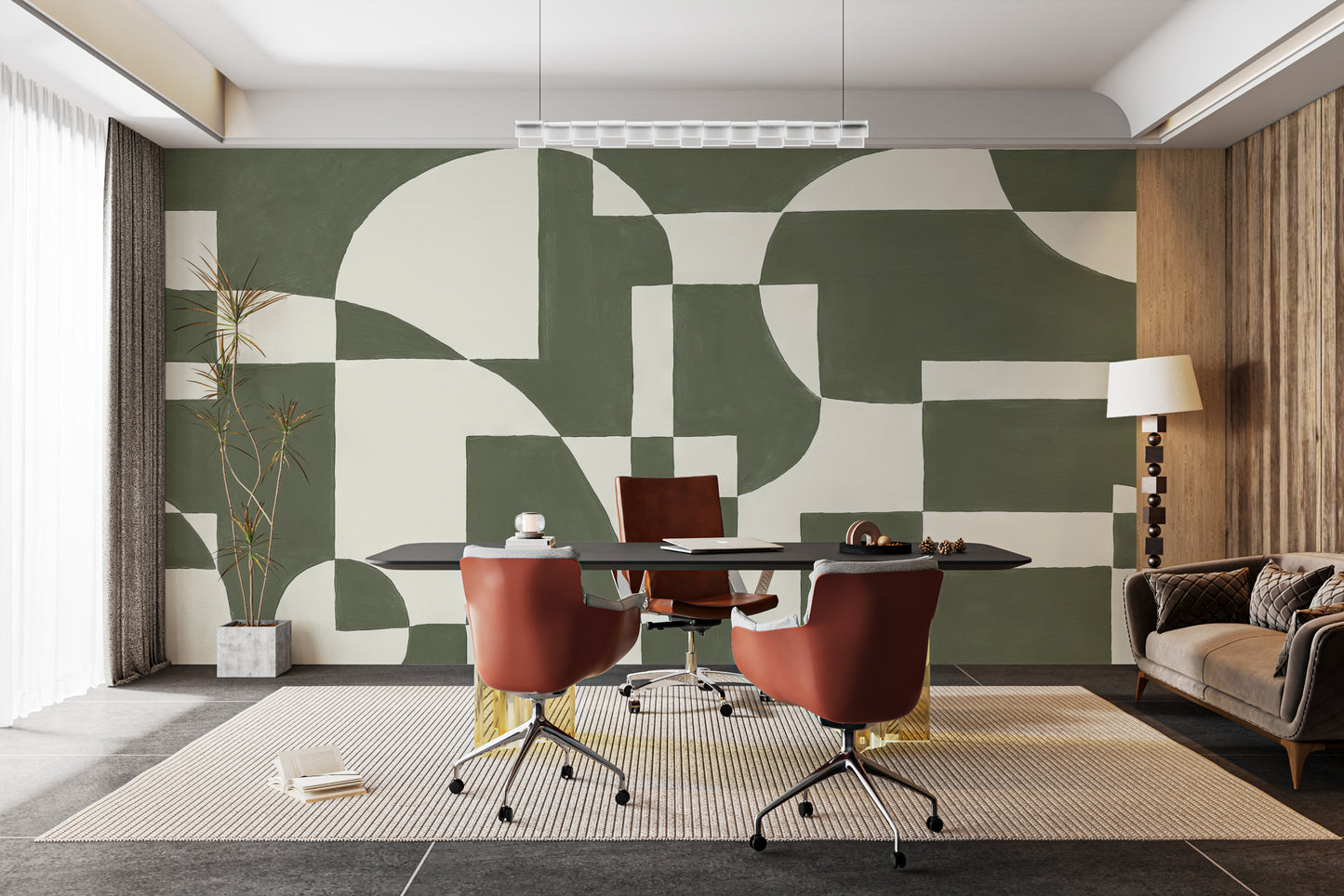 Create depth with emerald geometric elegance mural wallpaper.