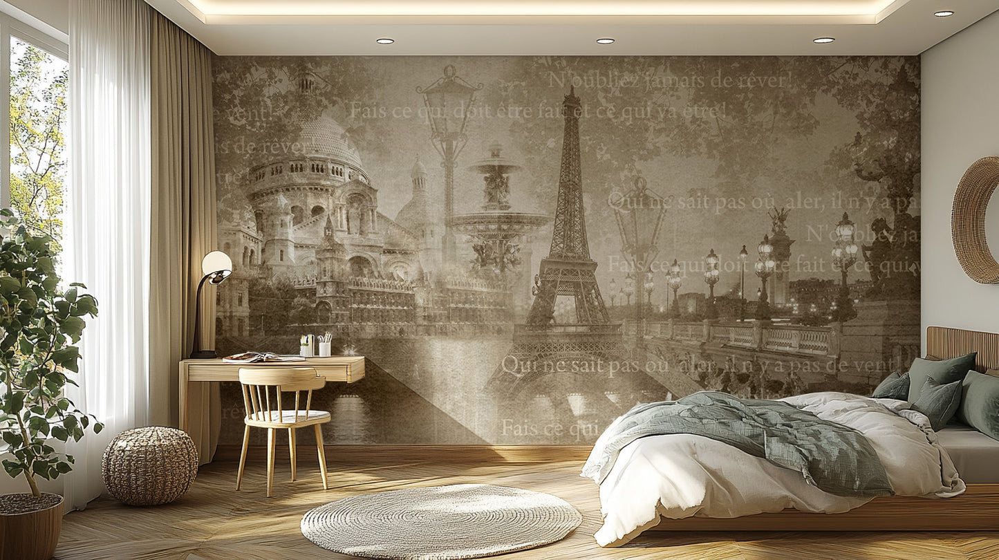 Vintage Paris Landmarks Collage Wall Mural