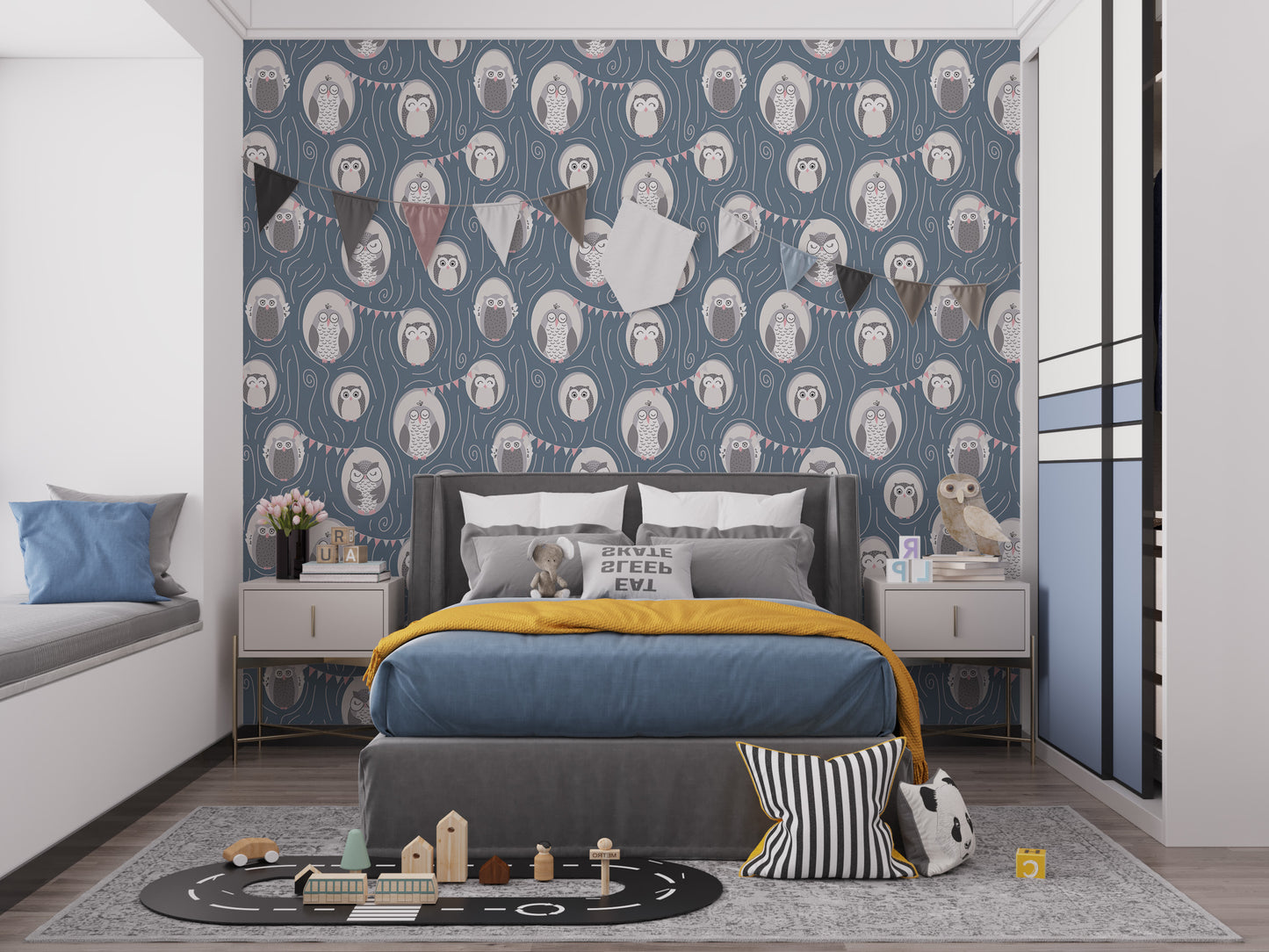 Whimsical owls wallpaper with details
