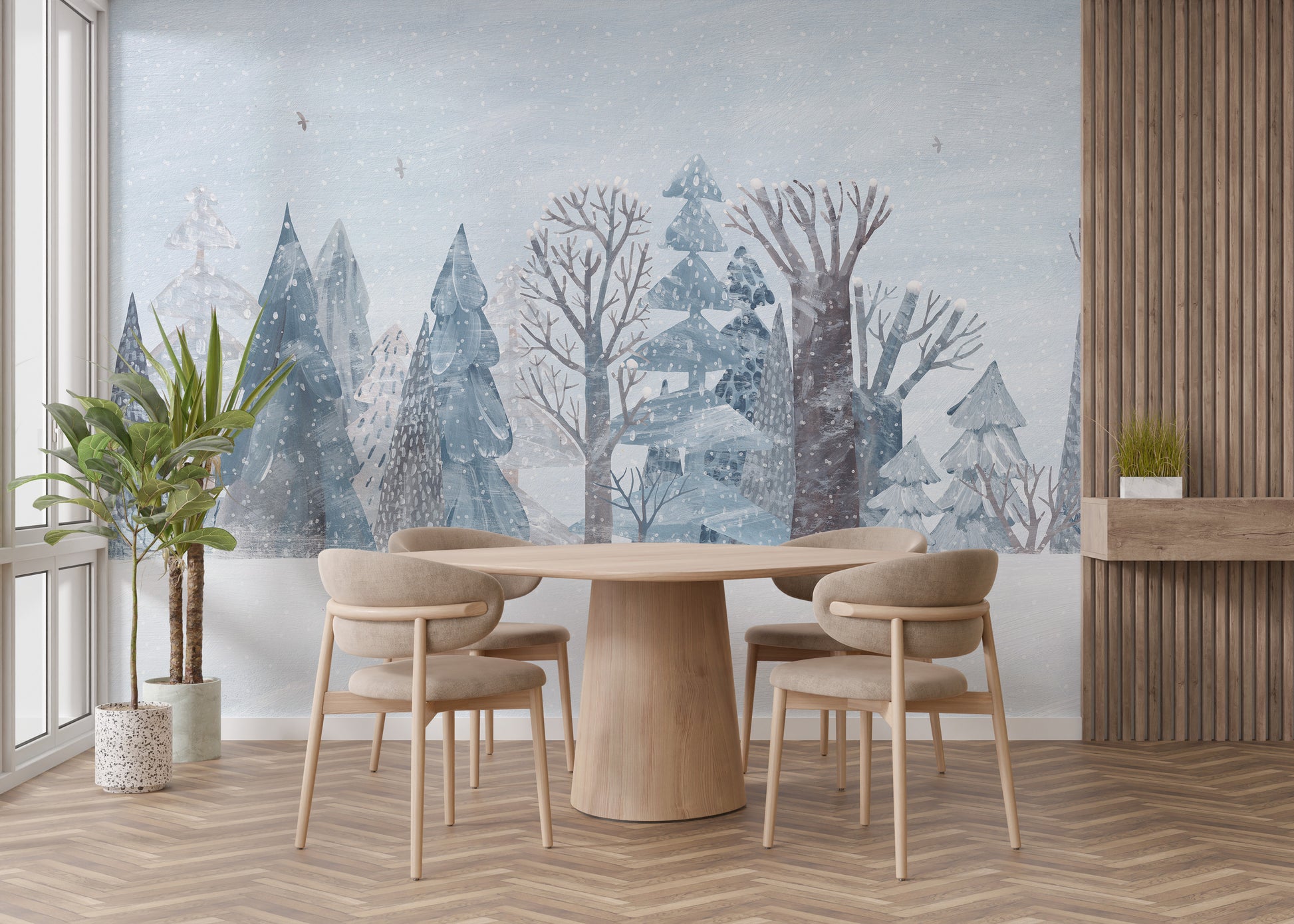 Minimalist winter wonderland forest wallpaper mural for modern rooms.