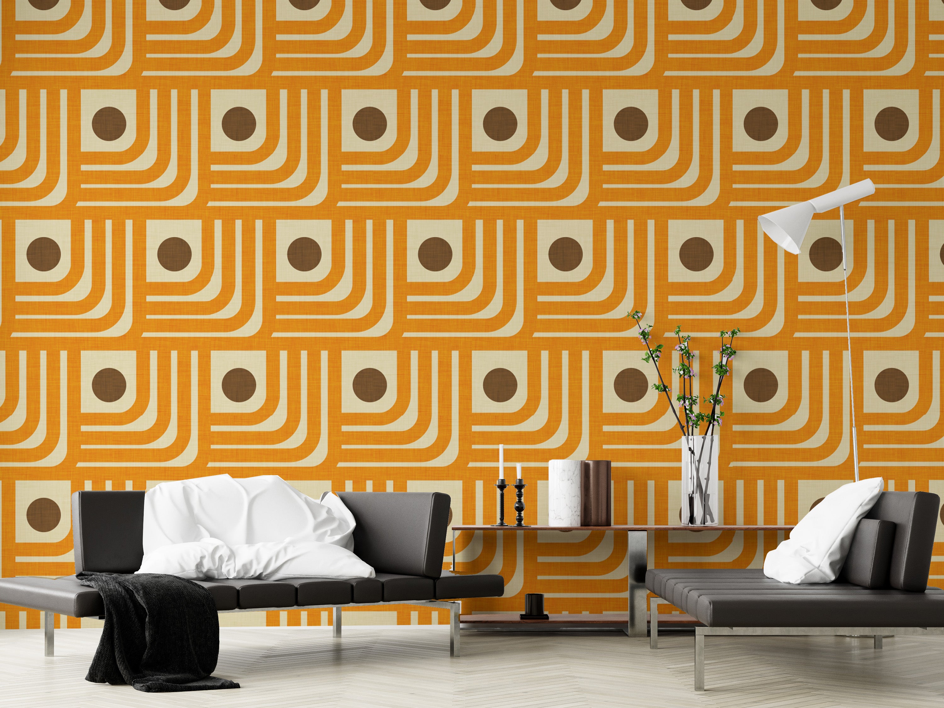 Orange curve and brown dot patterned wall design
