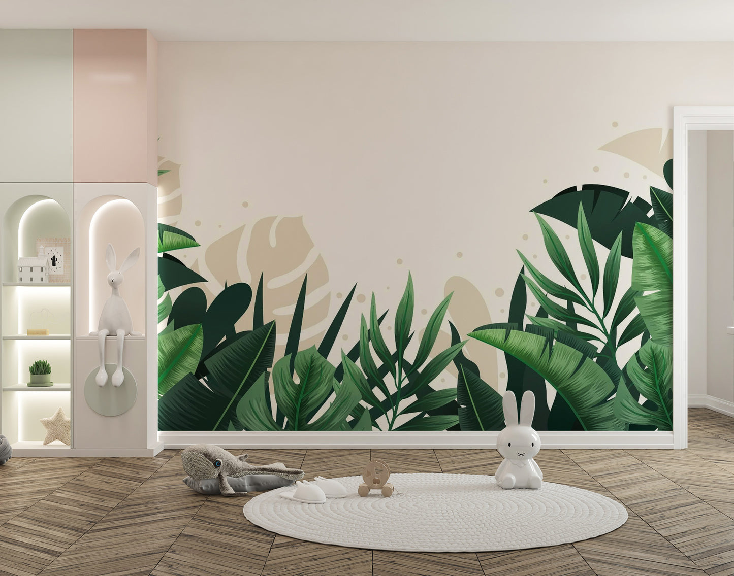 Green Beige Tropical Leaves Wallpaper Mural - Giffywalls