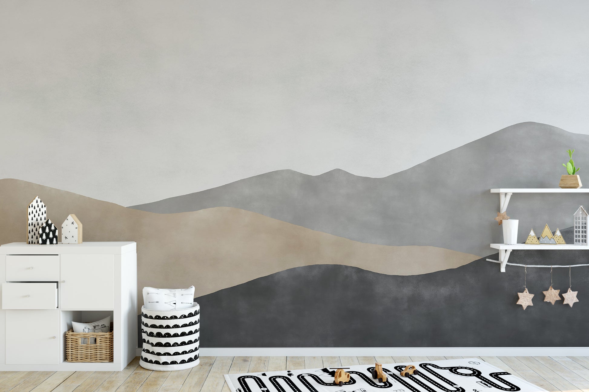 Watercolor mountain wall art in beige, gray, and black
