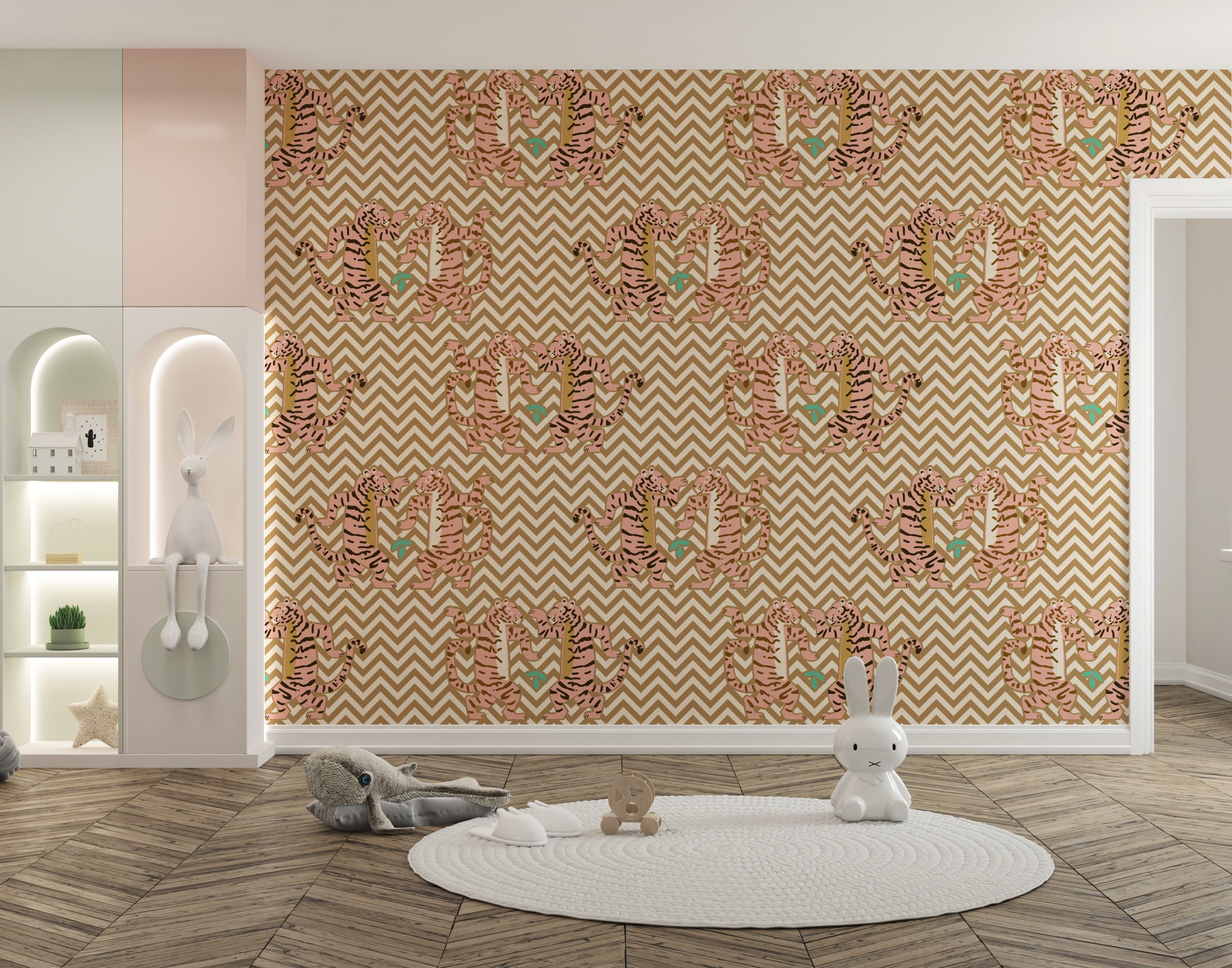 Light sand zigzag wallpaper featuring tiger elements
