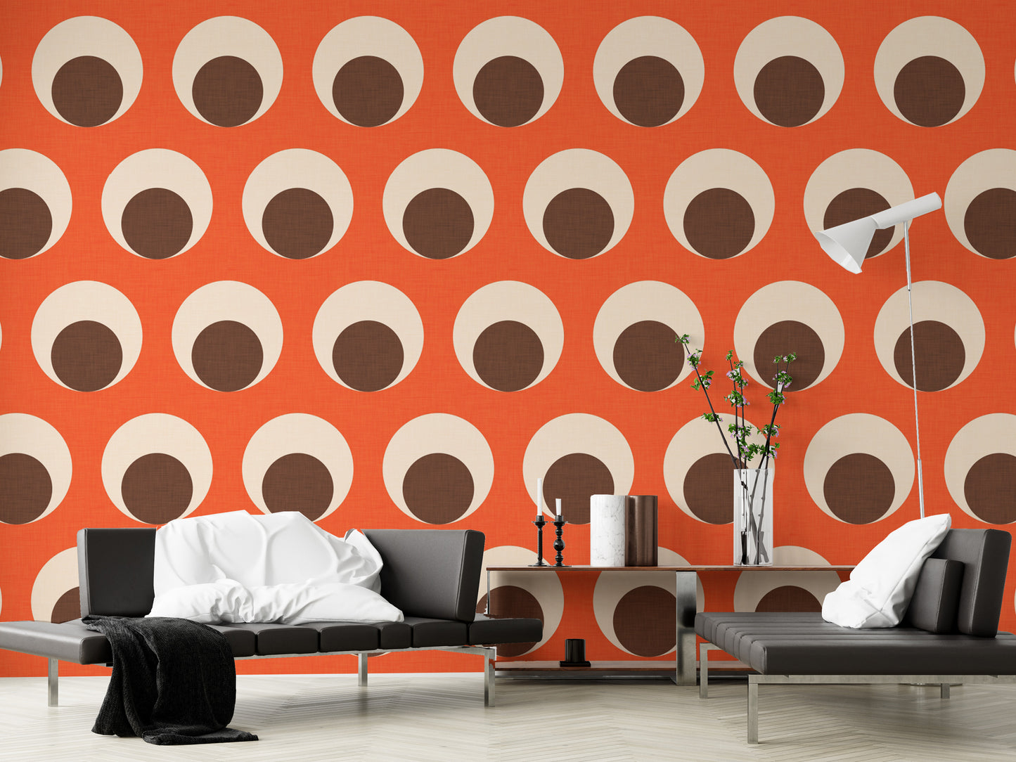 Retro orange dotted wallpaper with eye motifs
