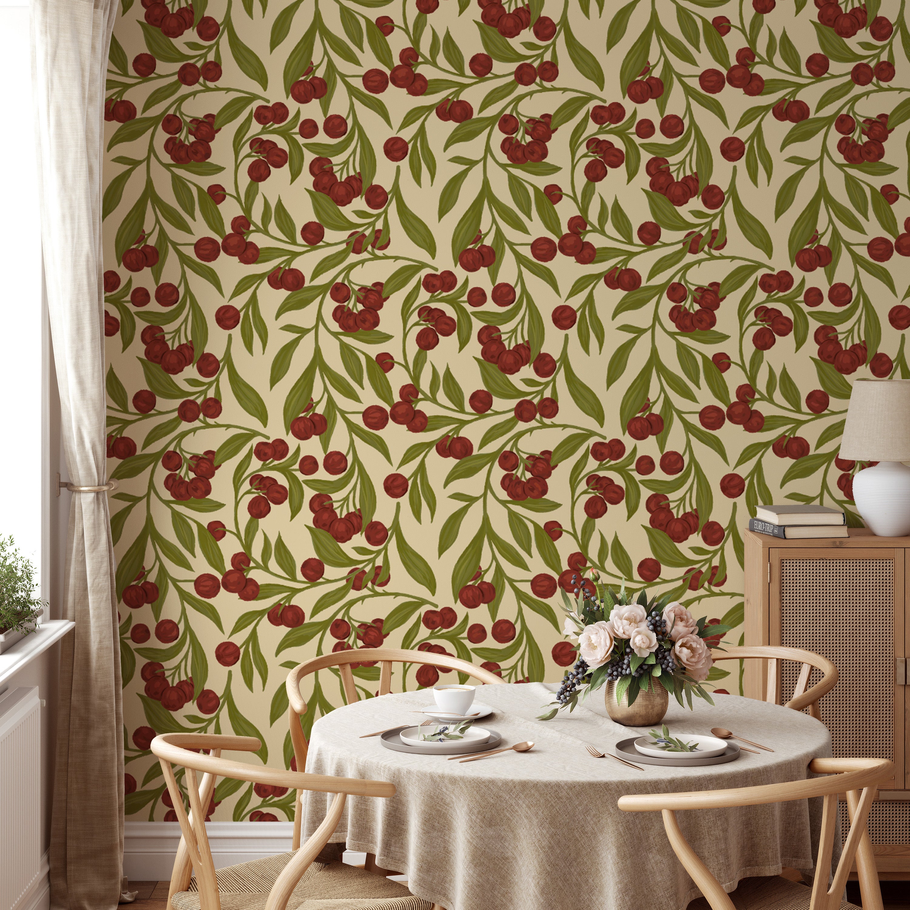 Elegant red autumn berries mural wallpaper for seasonal charm.
