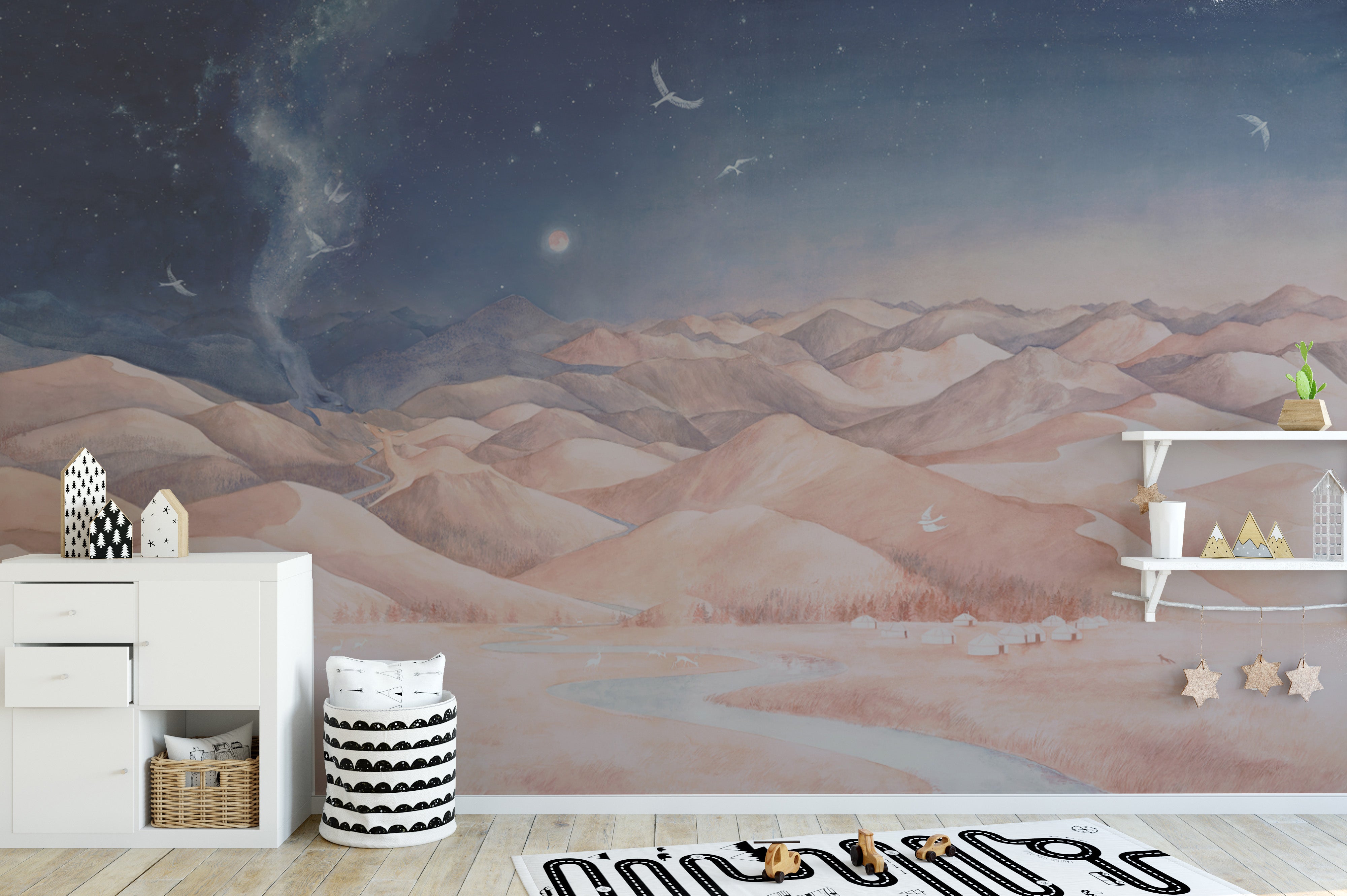 Scenic mountain wall mural with soft pastel hues
