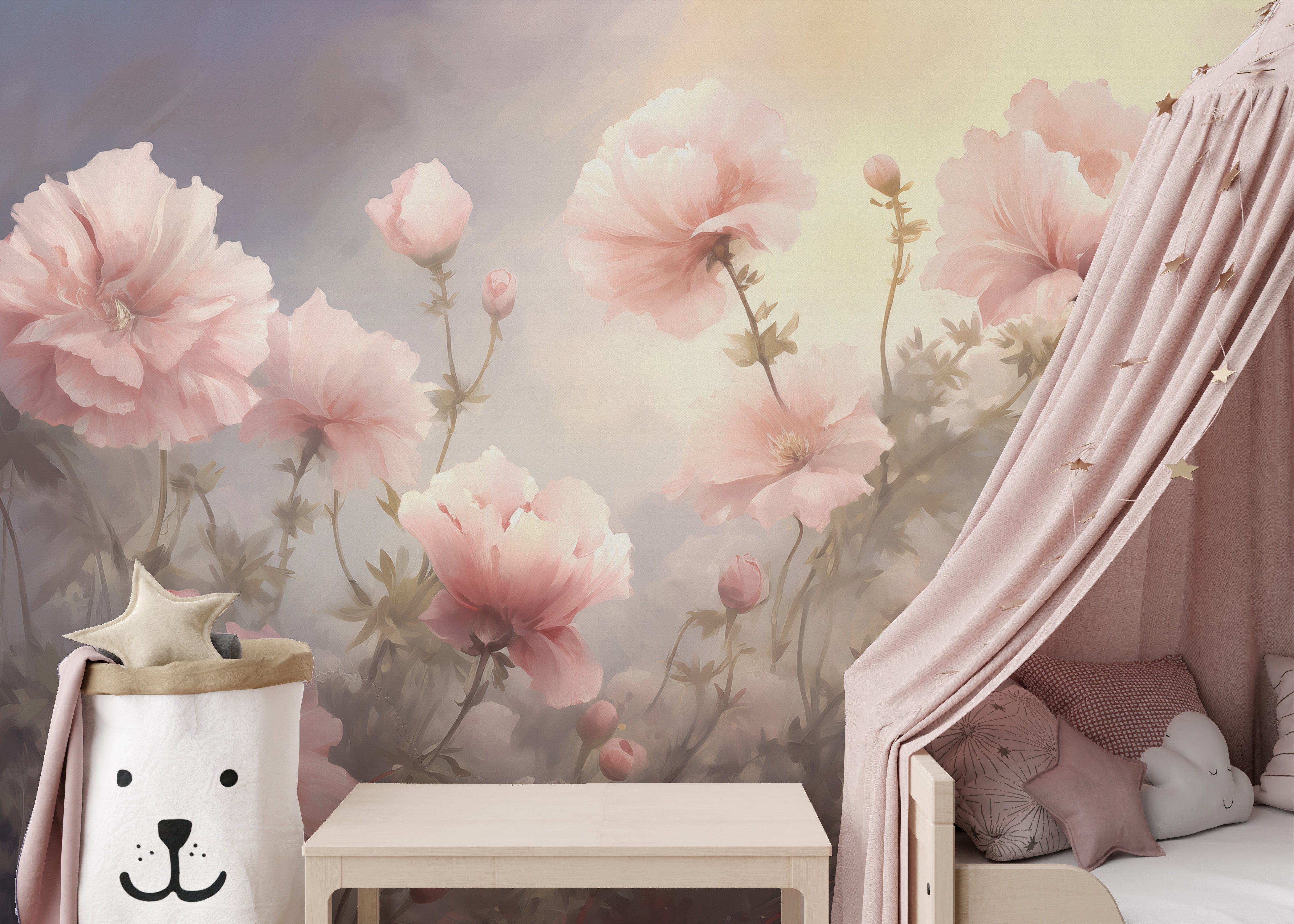 Godetia pink flower wallpaper mural for a soft, romantic ambiance.