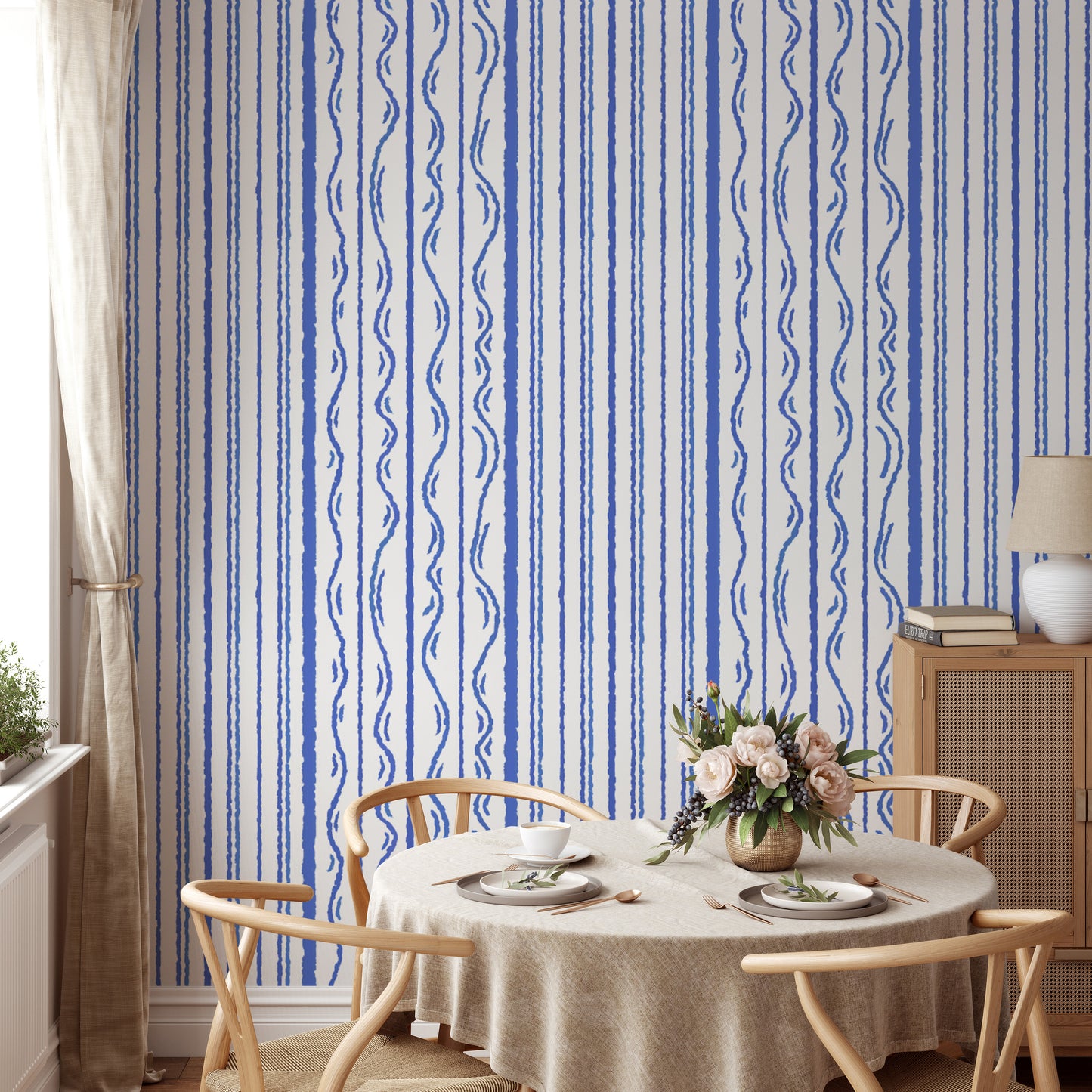 Chic blue striped mural wallpaper for contemporary spaces.
