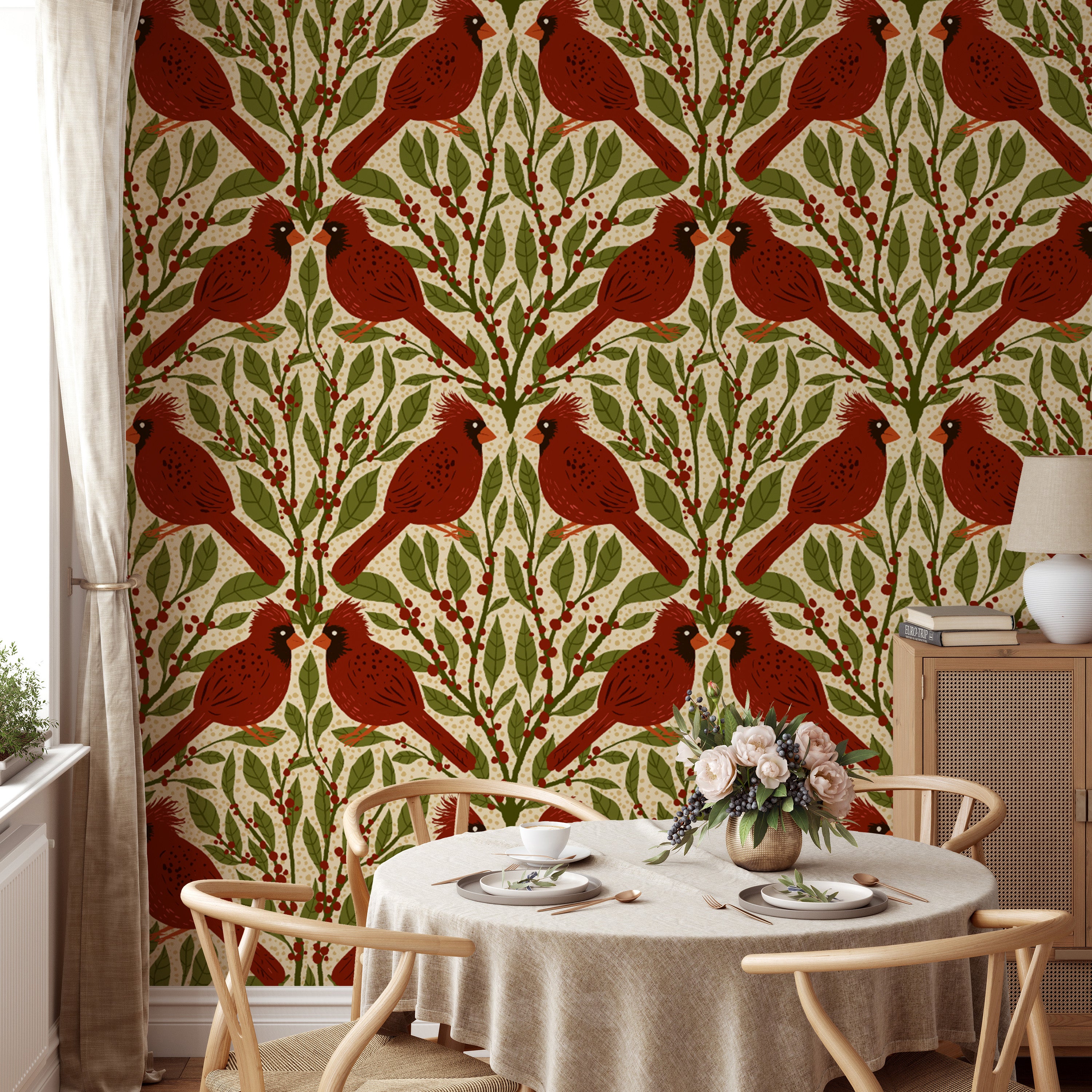 Charming vintage cardinal design wallpaper for a cozy ambiance.
