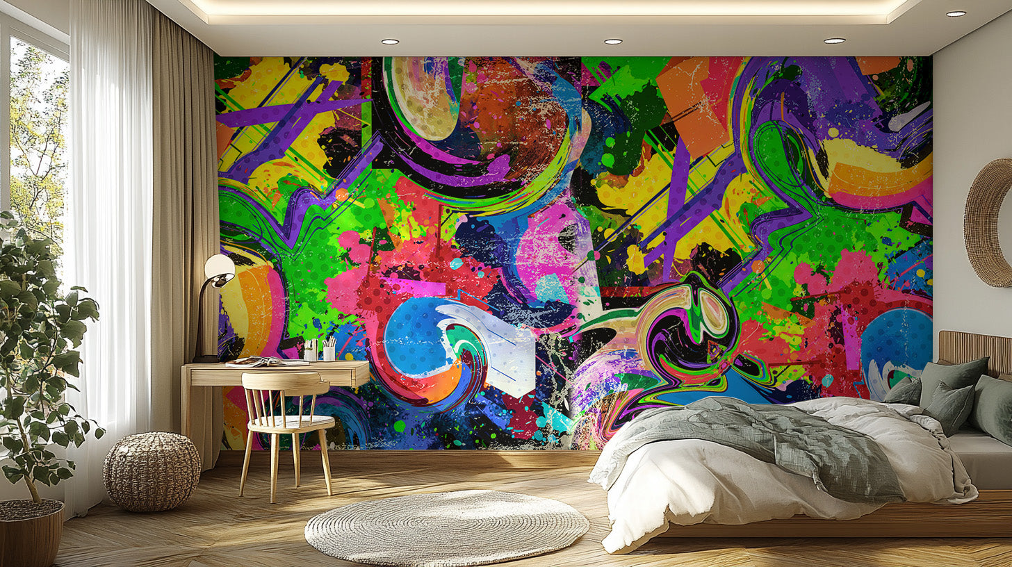 Vibrant graffiti splash wallpaper mural for urban vibes.