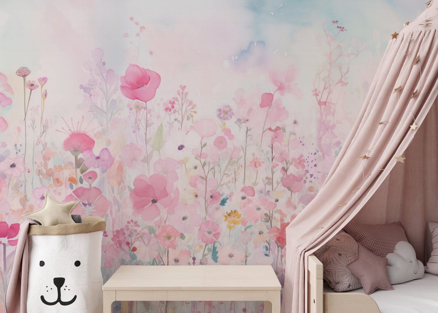 Watercolor Happy Flowers Pink Color Wallpaper