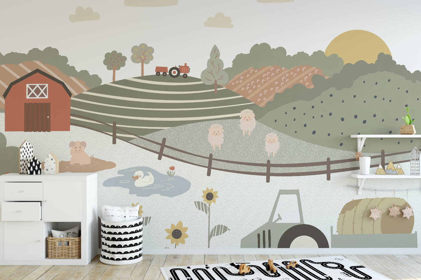 Rustic countryside mural featuring a barn and animals
